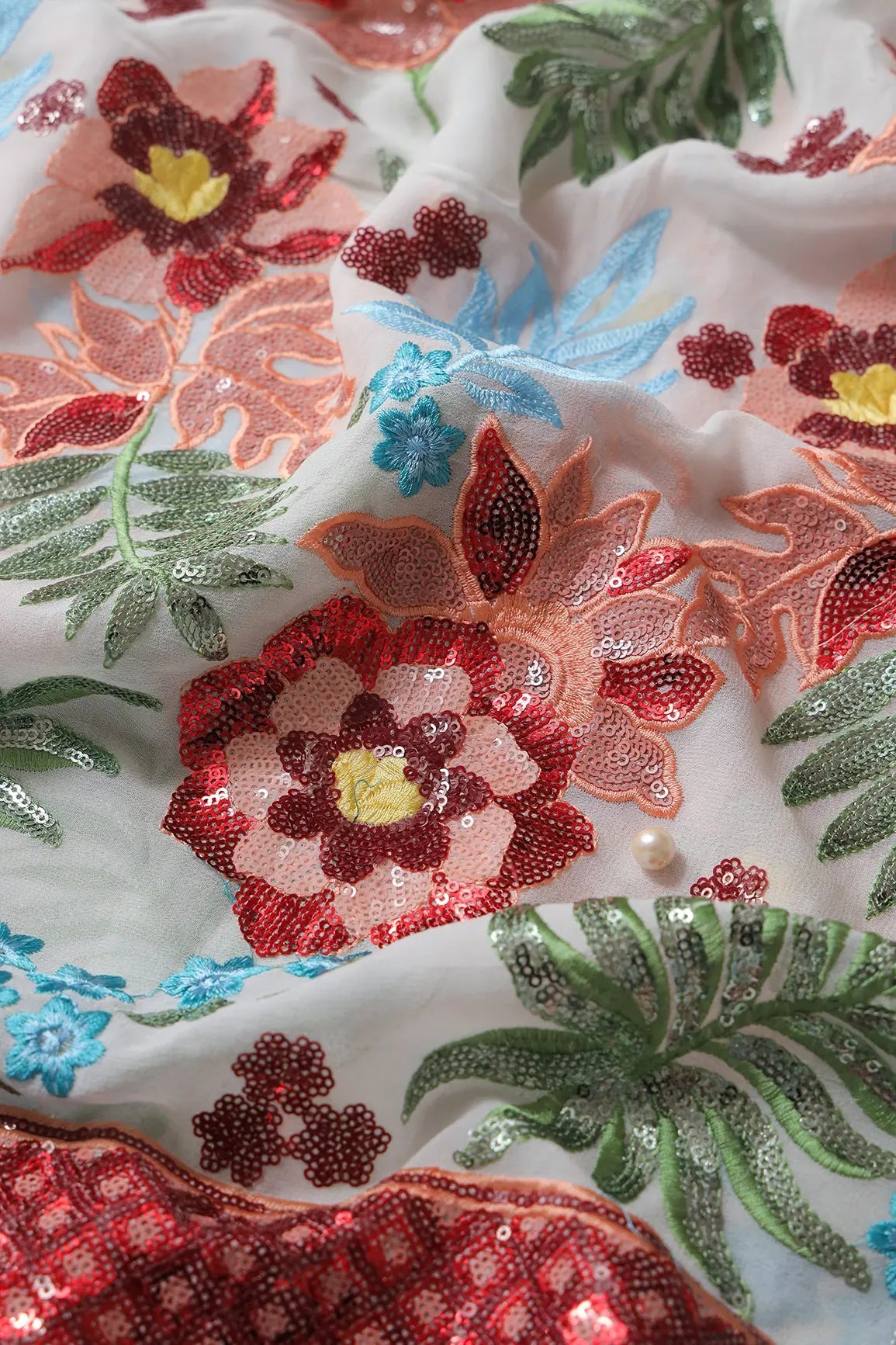 Multi Sequins With Multi Thread Floral Embroidery On Dyeable White Viscose Georgette Fabric With Border - doeraa
