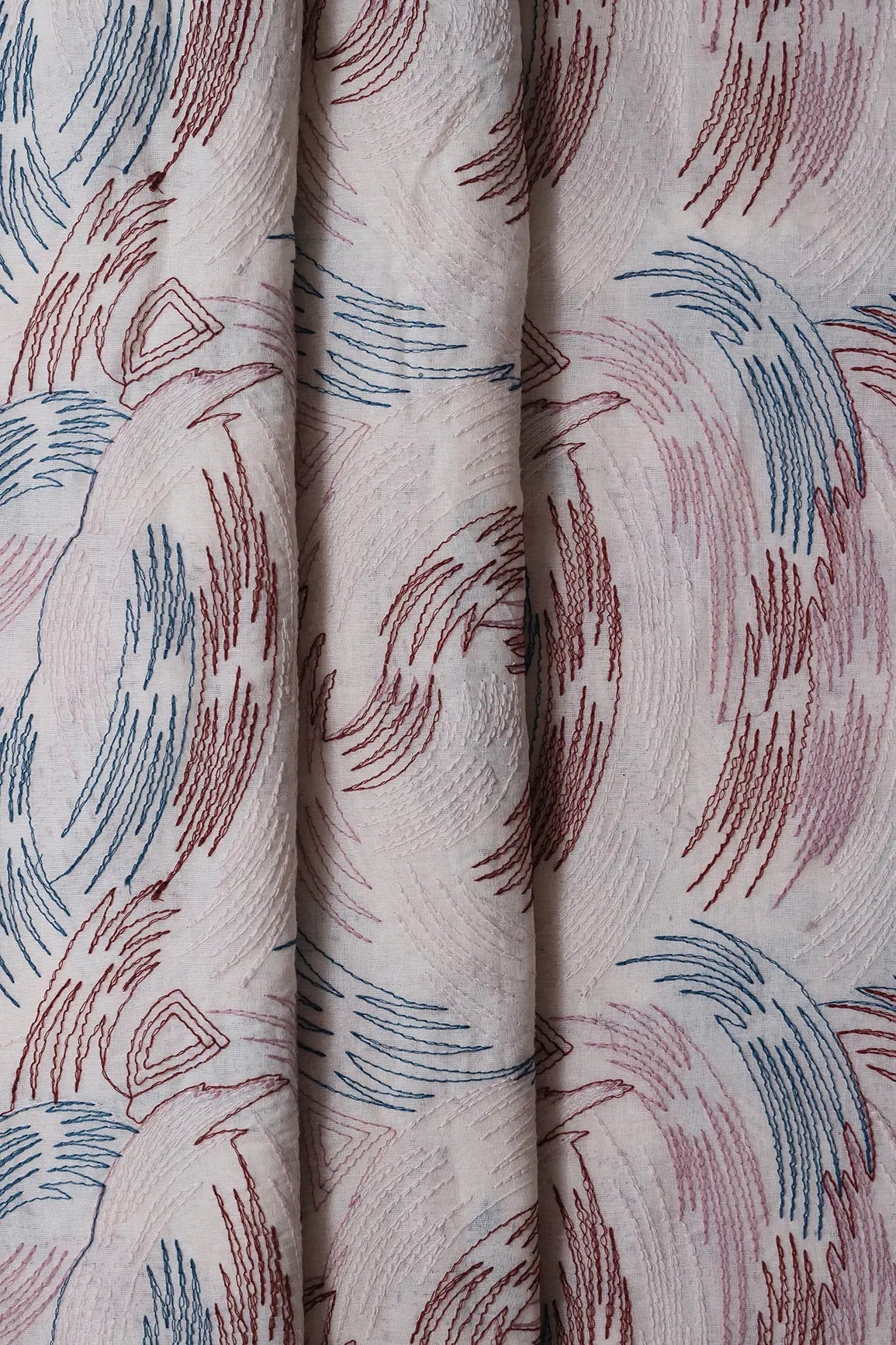 Multi Thread Abstract Embroidery Work On Off White Organic Cotton Fabric - doeraa