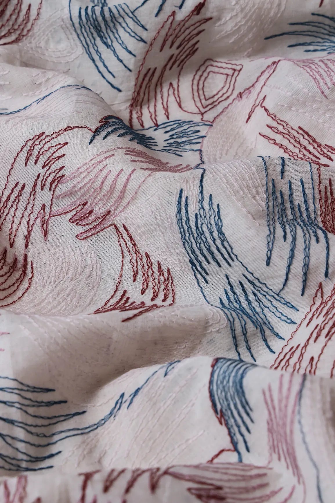 Multi Thread Abstract Embroidery Work On Off White Organic Cotton Fabric - doeraa