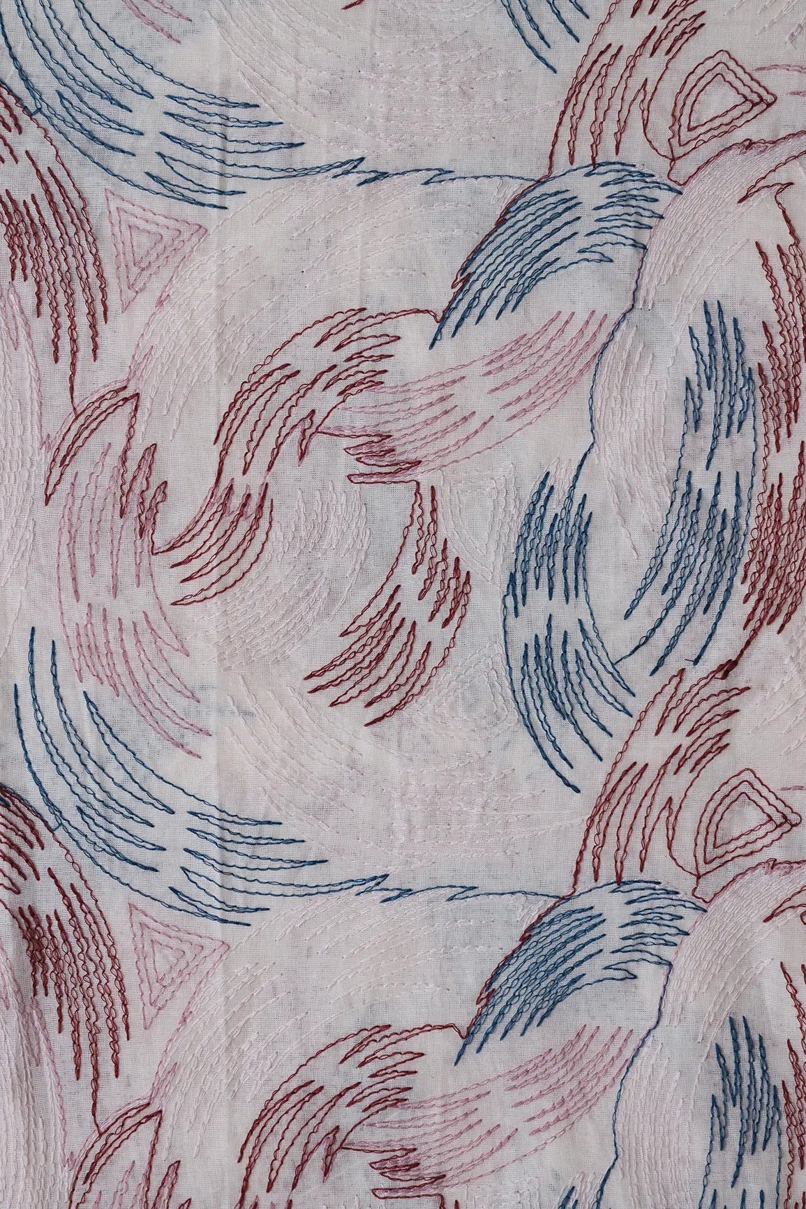 Multi Thread Abstract Embroidery Work On Off White Organic Cotton Fabric - doeraa
