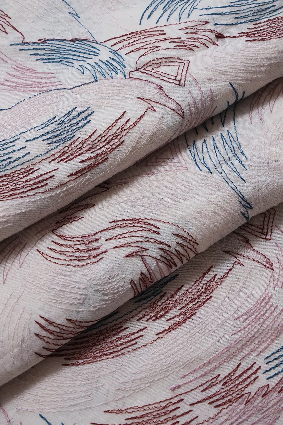 Multi Thread Abstract Embroidery Work On Off White Organic Cotton Fabric - doeraa