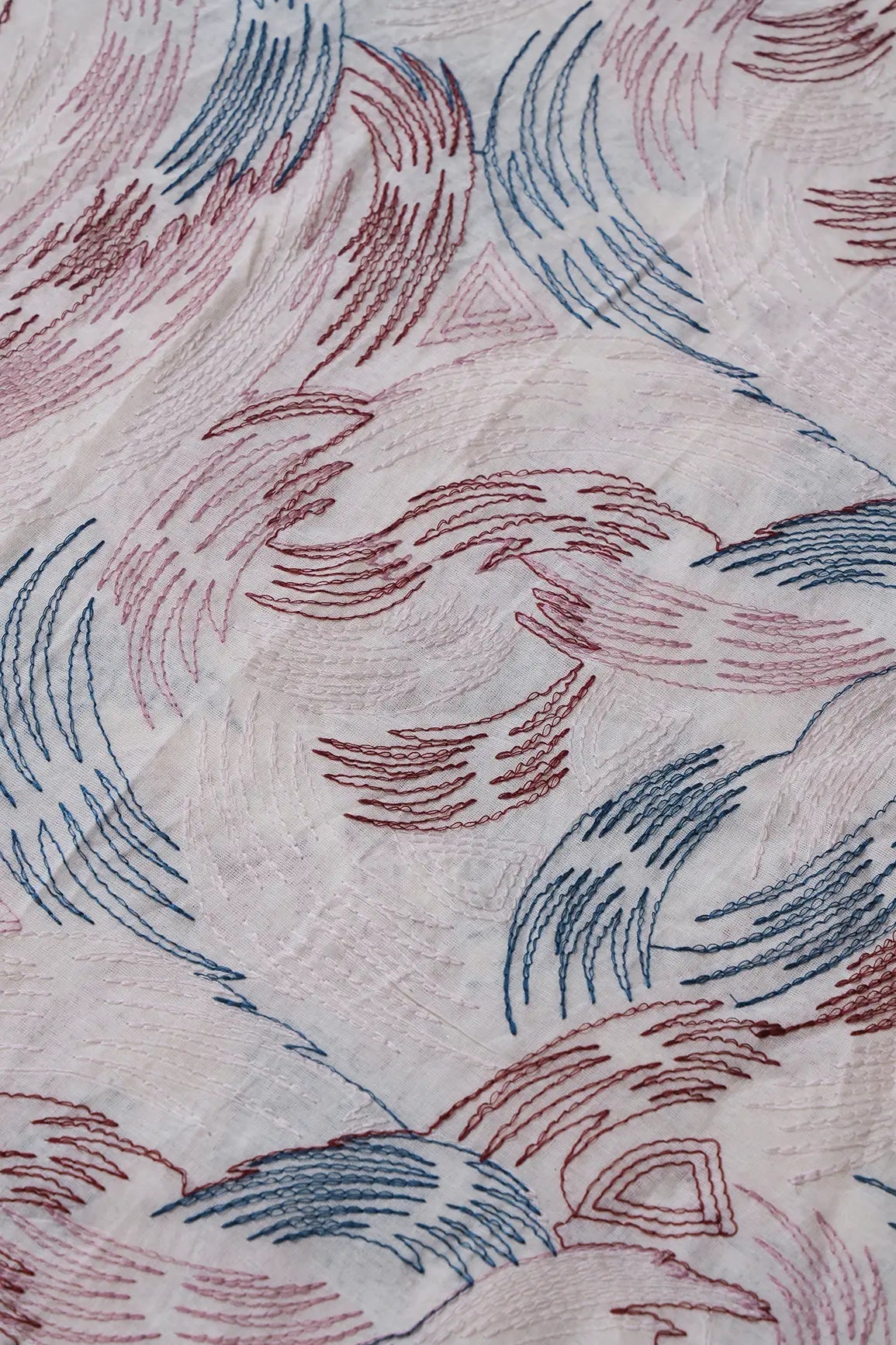 Multi Thread Abstract Embroidery Work On Off White Organic Cotton Fabric - doeraa