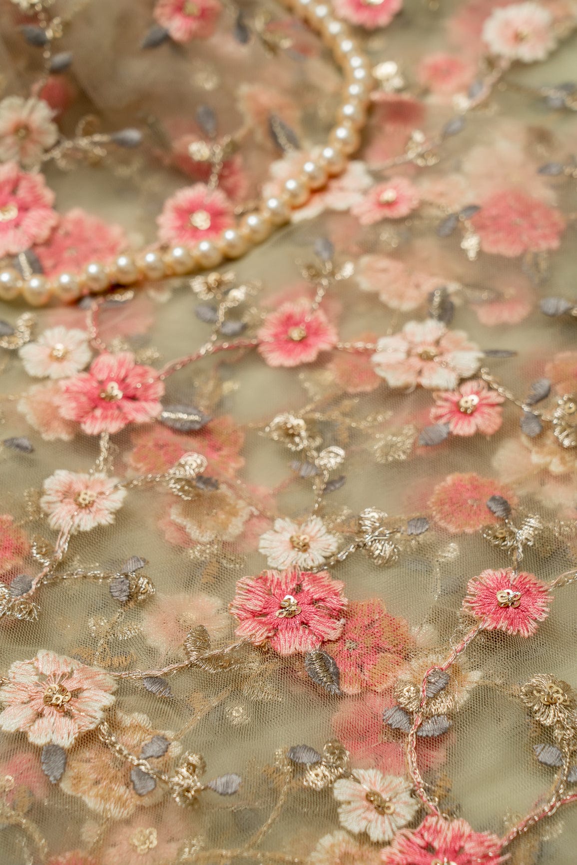 Multi Thread And Sequins Embroidery On Olive Soft Net Fabric - doeraa