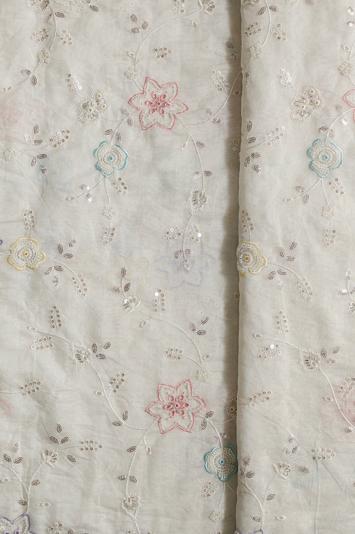 Multi Thread & Beads With Silver Sequins Beautiful Floral Leafy Embroidery Work On Off White Pure Mul Chanderi Silk Fabric - doeraa