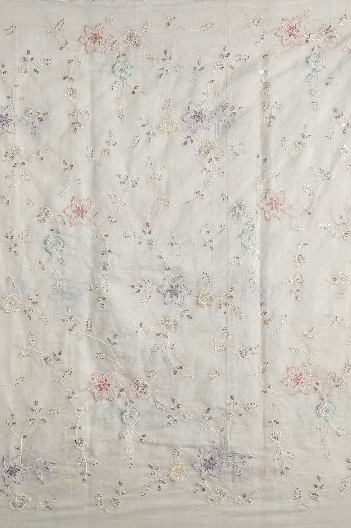 Multi Thread & Beads With Silver Sequins Beautiful Floral Leafy Embroidery Work On Off White Pure Mul Chanderi Silk Fabric - doeraa