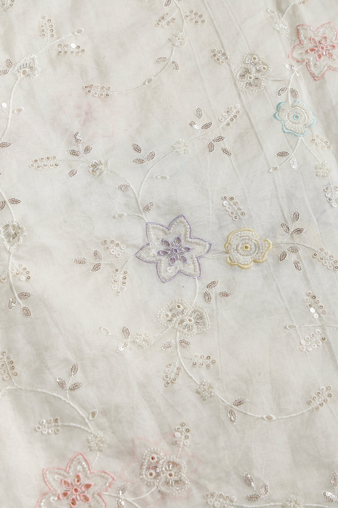 Multi Thread & Beads With Silver Sequins Beautiful Floral Leafy Embroidery Work On Off White Pure Mul Chanderi Silk Fabric - doeraa