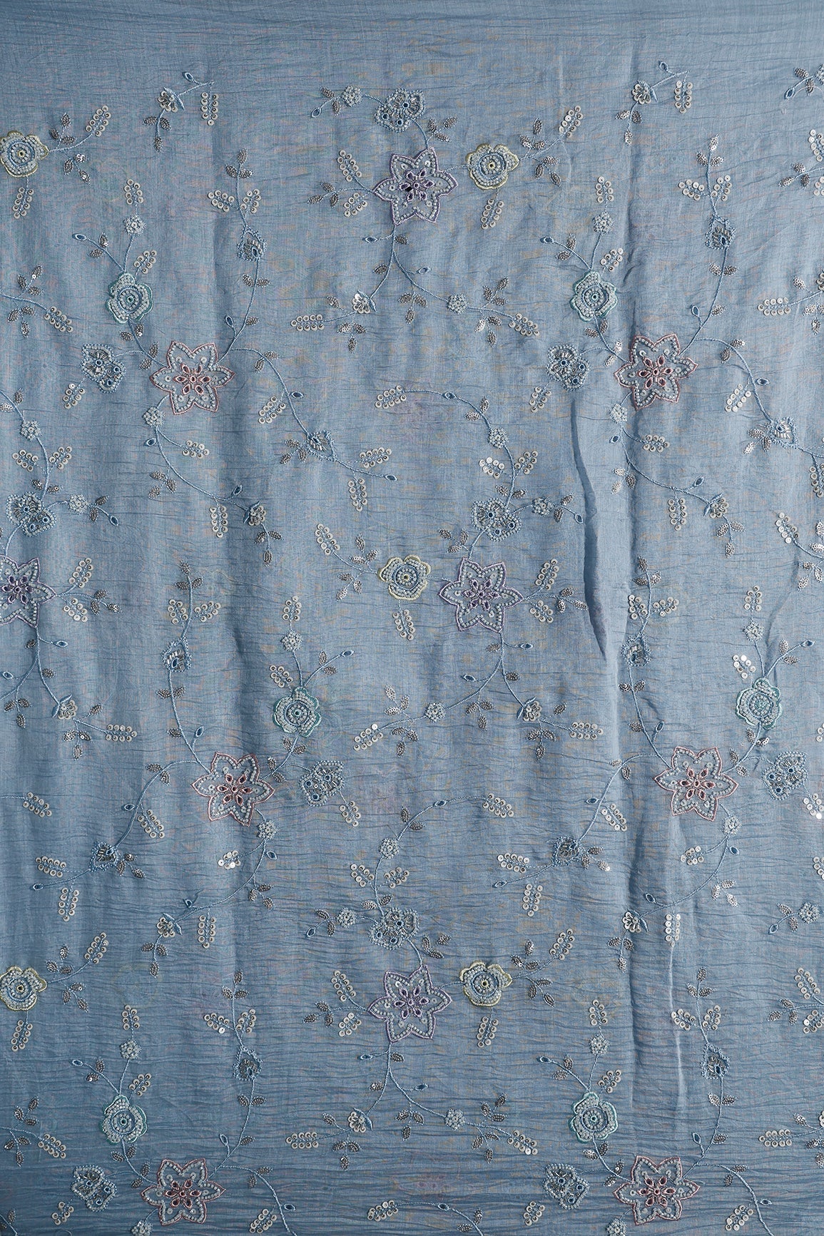 Multi Thread & Beads With Silver Sequins Beautiful Floral Leafy Embroidery Work On Pastel Blue Pure Mul Chanderi Silk Fabric - doeraa