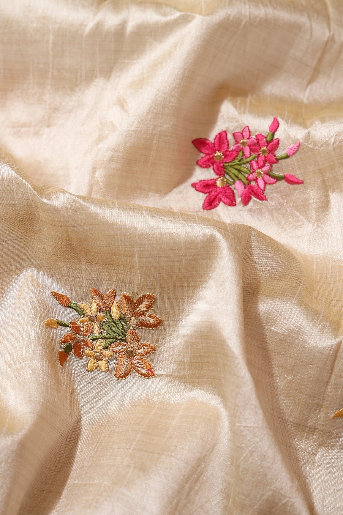 Multi Thread Beautiful Floral Embroidery Work On Beige Bamboo Silk Fabric - doeraa
