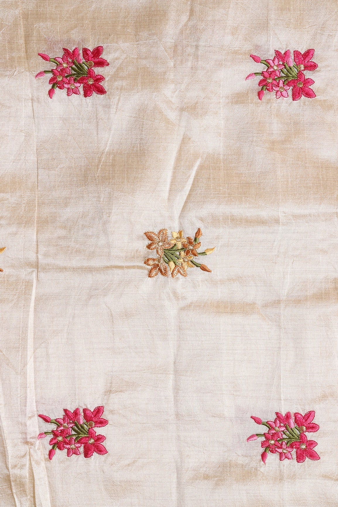 Multi Thread Beautiful Floral Embroidery Work On Beige Bamboo Silk Fabric - doeraa