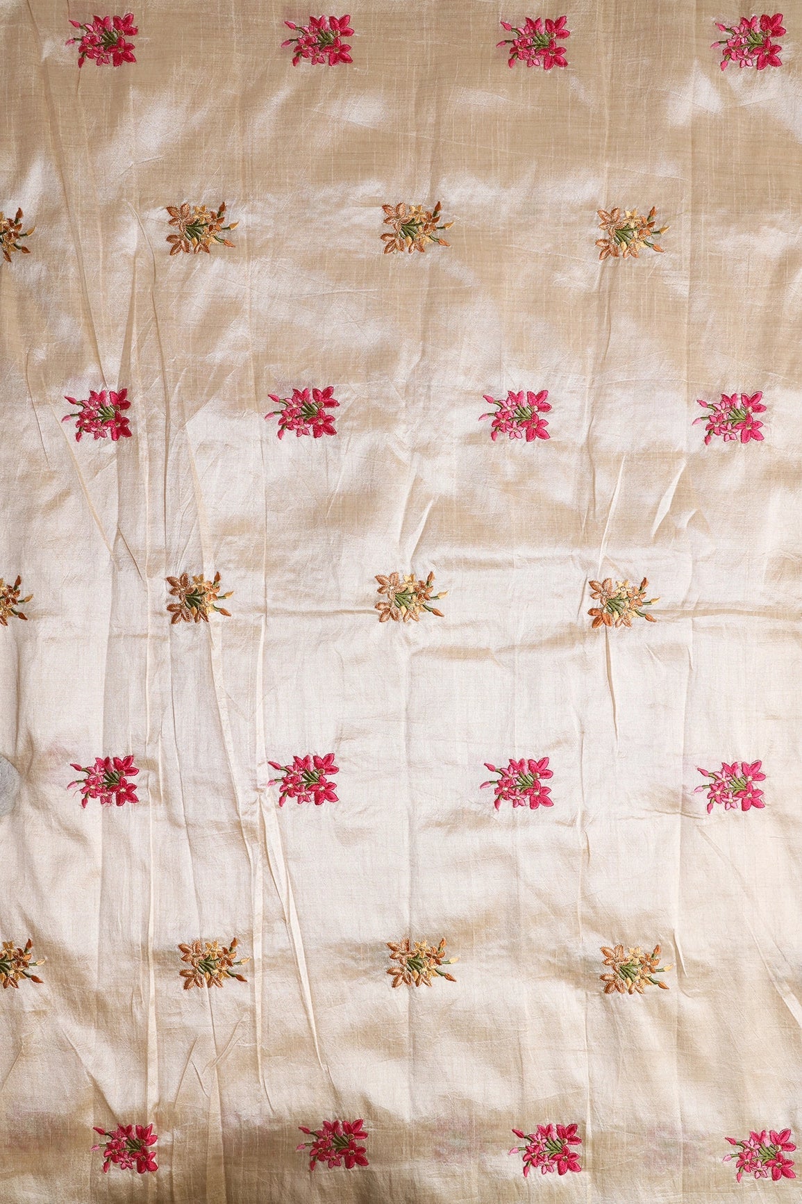 Multi Thread Beautiful Floral Embroidery Work On Beige Bamboo Silk Fabric - doeraa