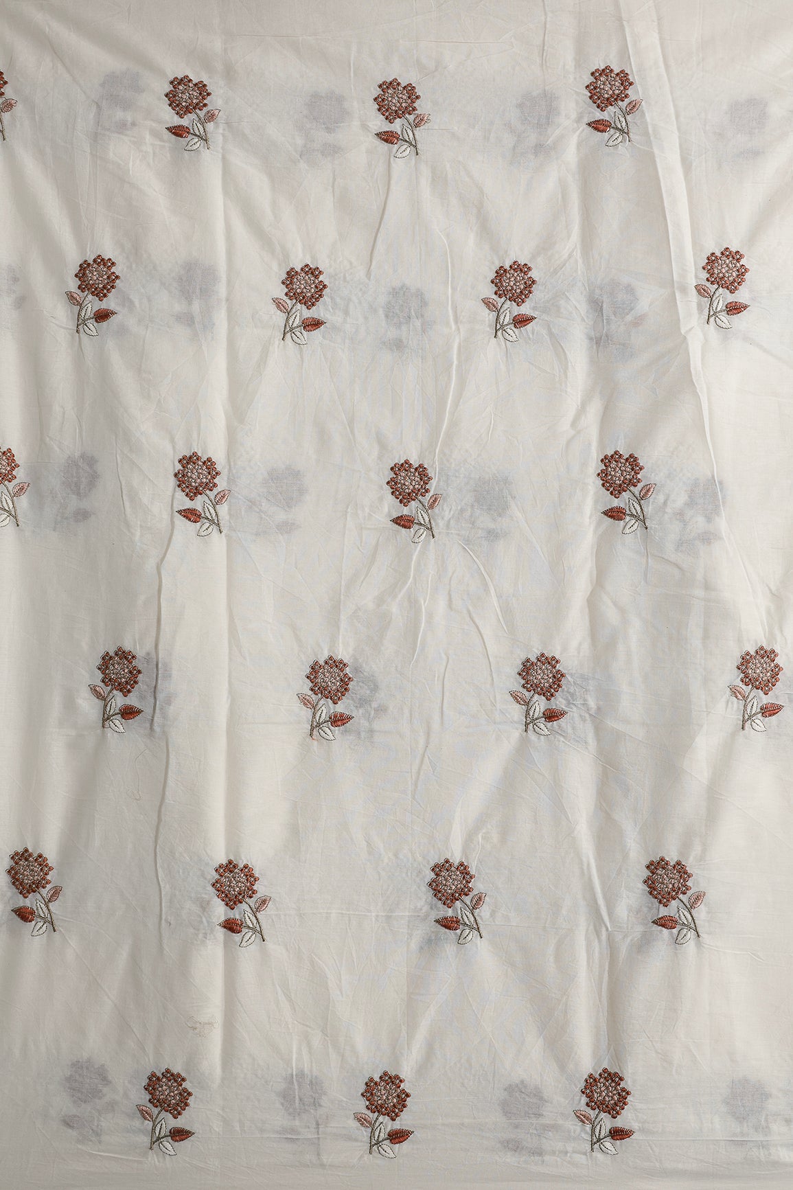 Multi Thread Beautiful Floral Embroidery Work On Off White Organic Cotton Fabric - doeraa