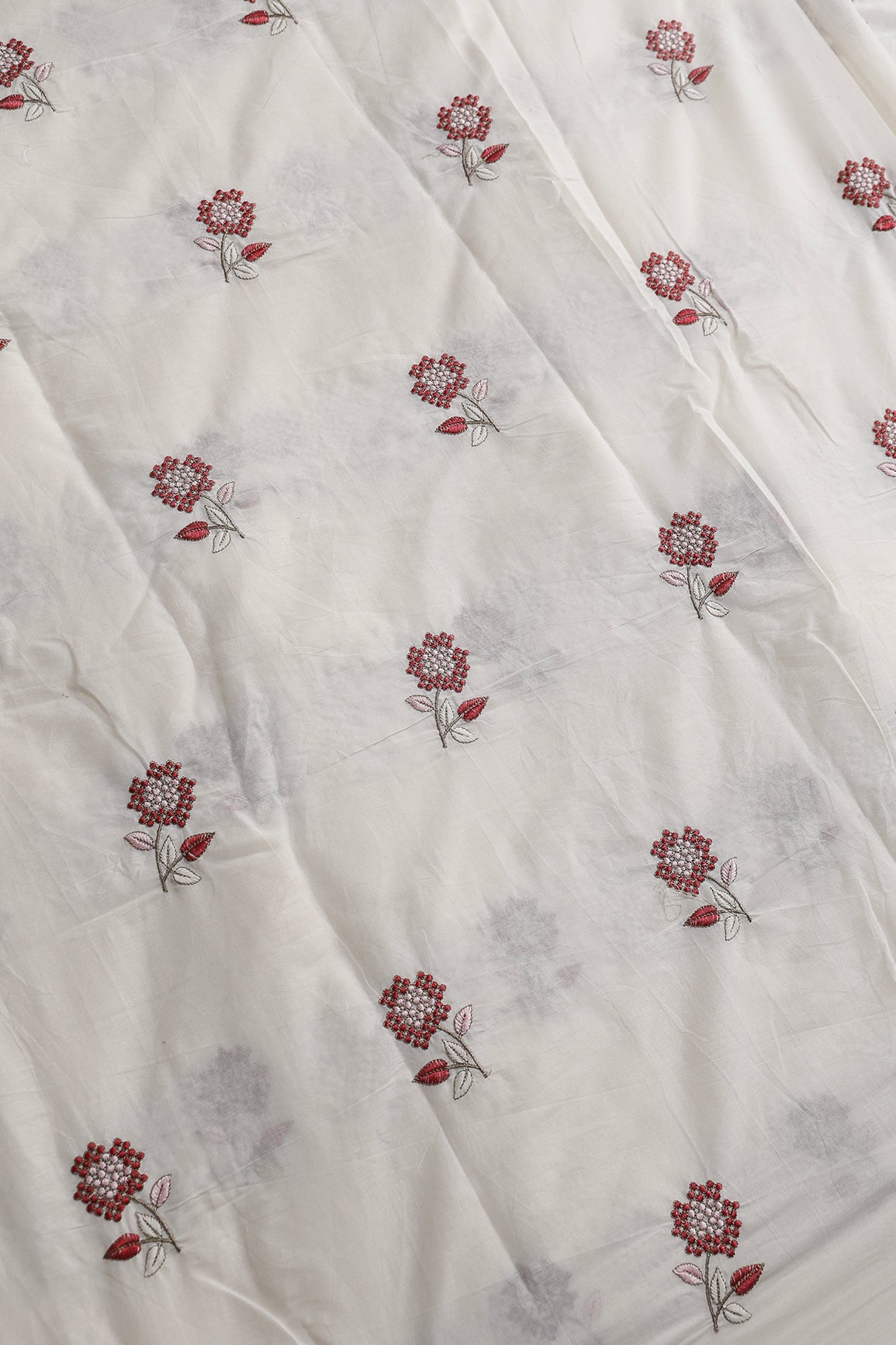 Multi Thread Beautiful Floral Embroidery Work On Off White Organic Cotton Fabric - doeraa