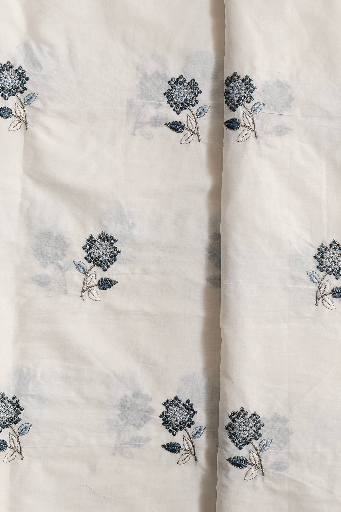 Multi Thread Beautiful Floral Embroidery Work On Off White Organic Cotton Fabric - doeraa