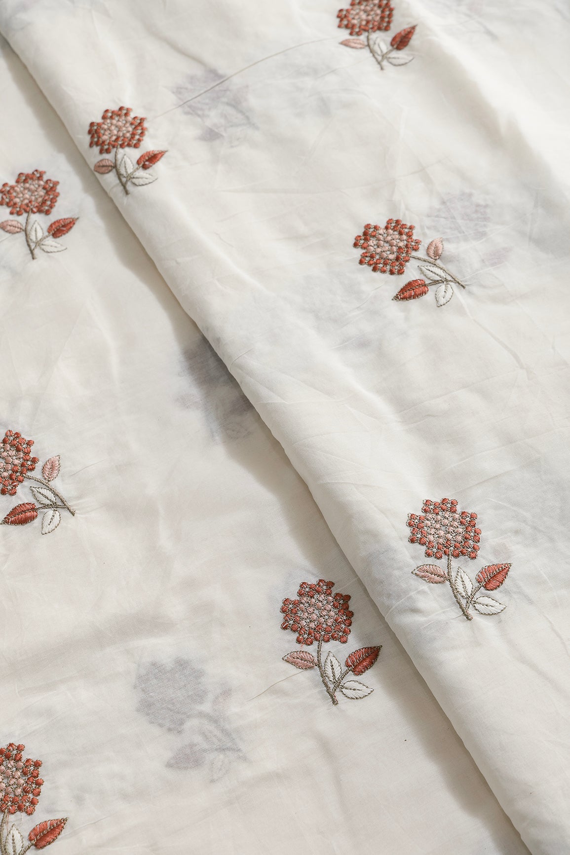 Multi Thread Beautiful Floral Embroidery Work On Off White Organic Cotton Fabric - doeraa