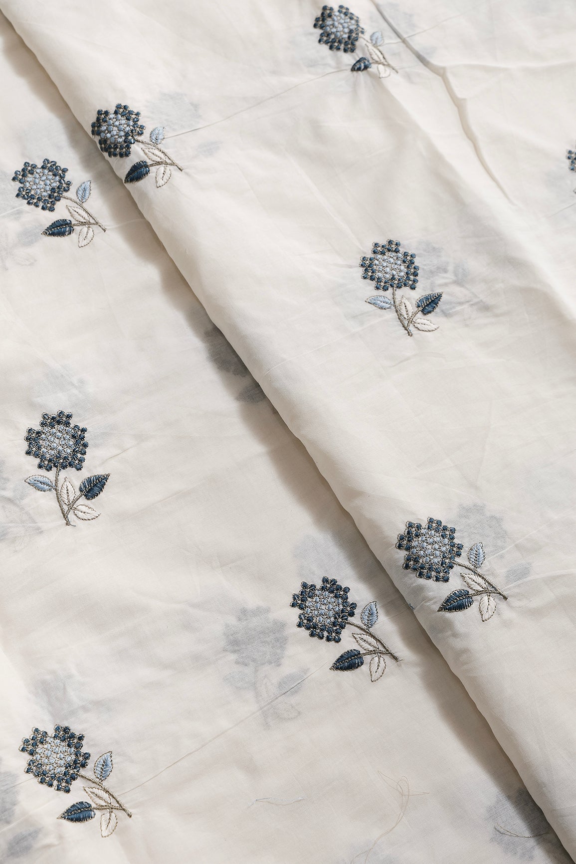 Multi Thread Beautiful Floral Embroidery Work On Off White Organic Cotton Fabric - doeraa