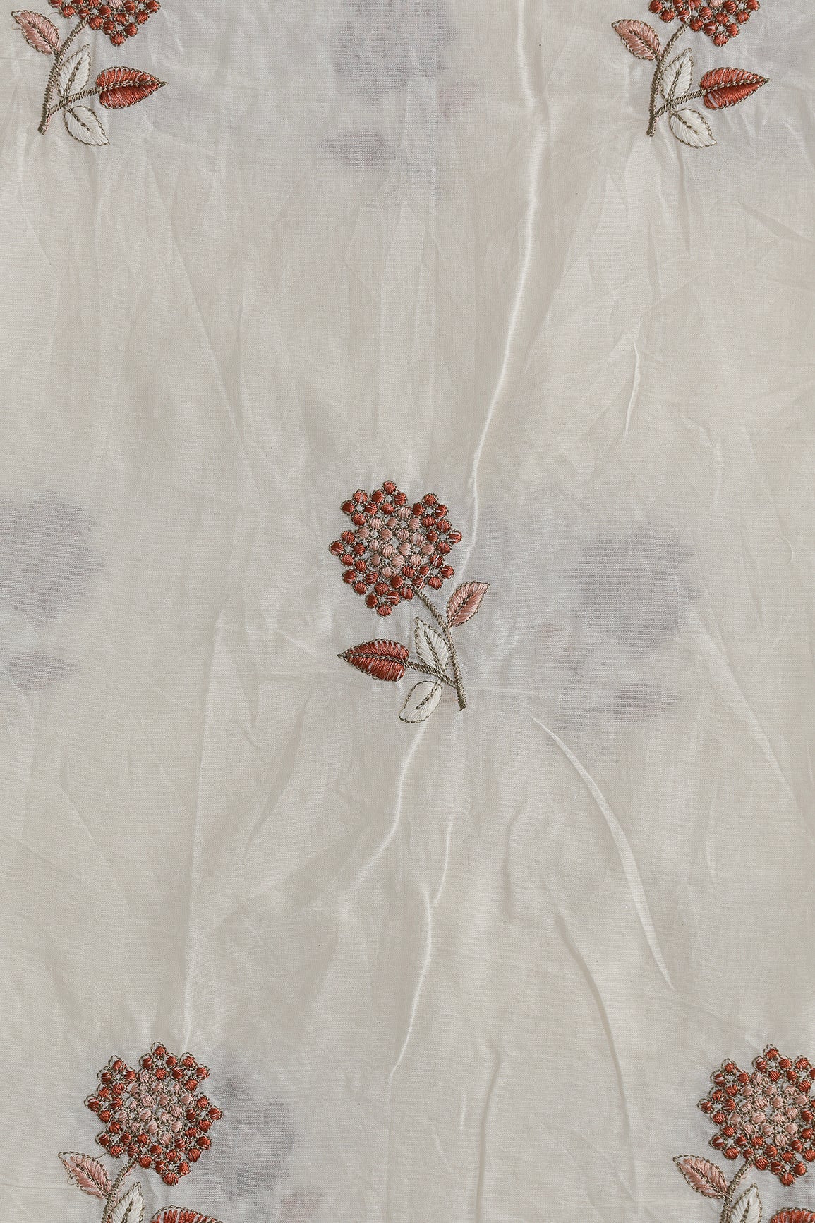 Multi Thread Beautiful Floral Embroidery Work On Off White Organic Cotton Fabric - doeraa