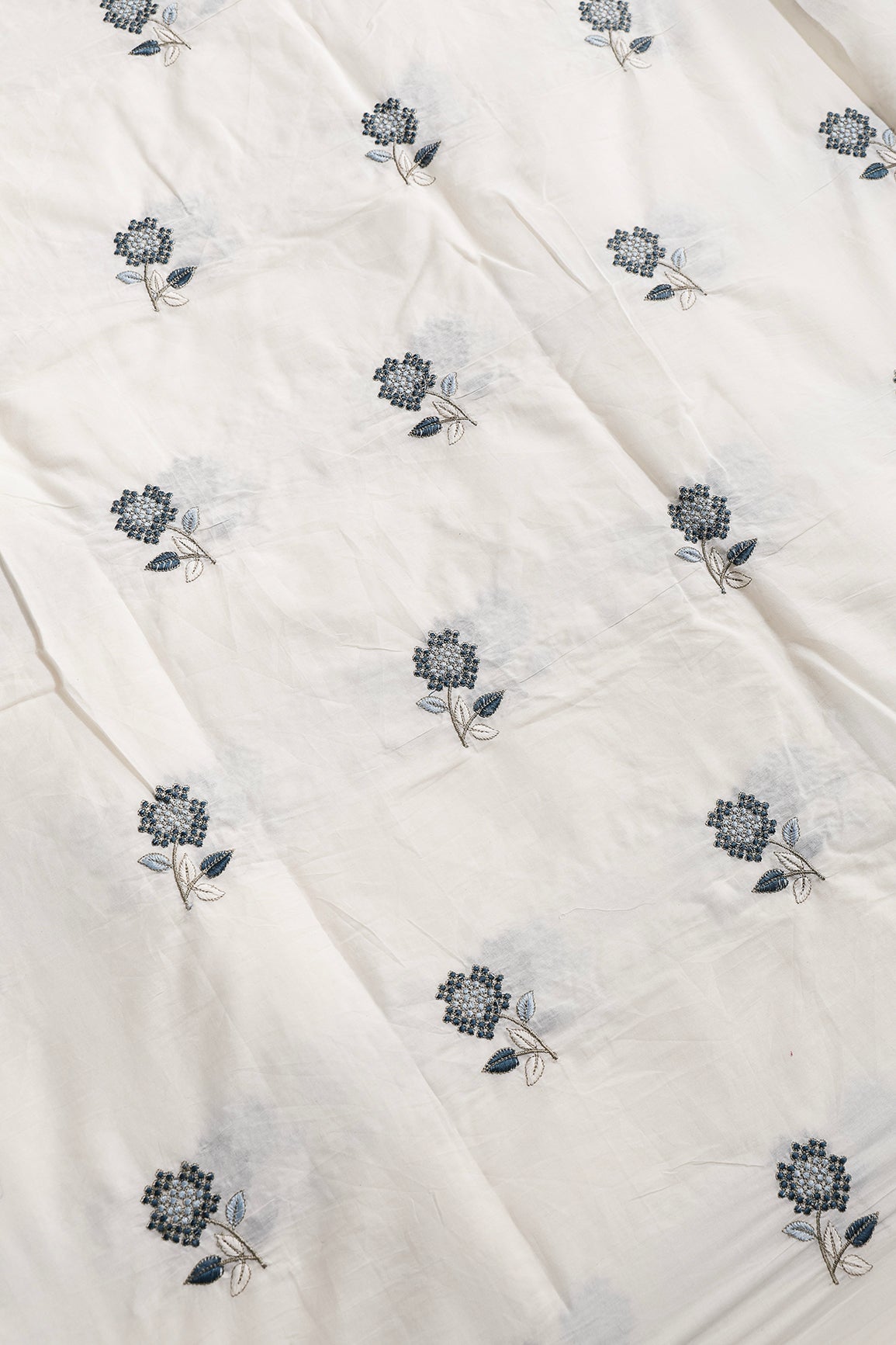 Multi Thread Beautiful Floral Embroidery Work On Off White Organic Cotton Fabric - doeraa