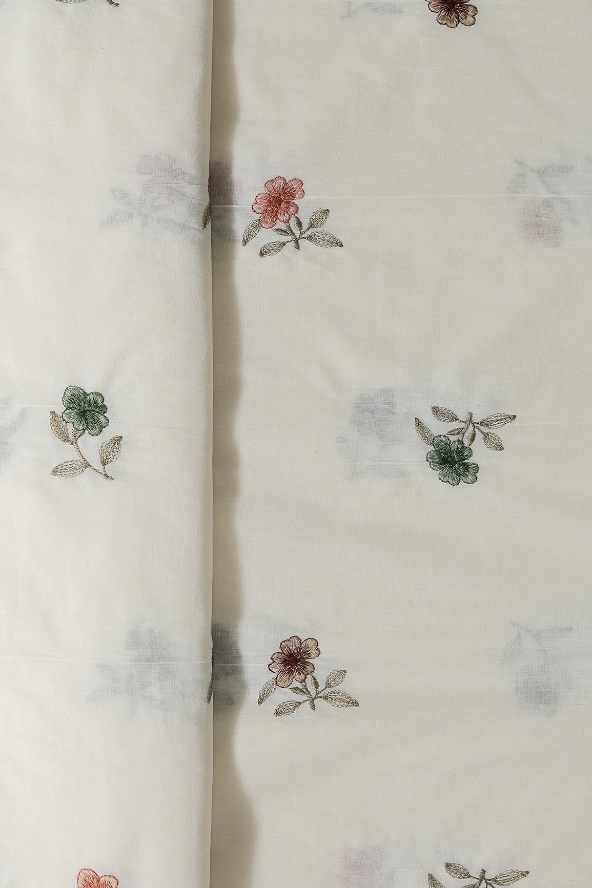 Multi Thread Beautiful Floral Leafy Embroidery Work On Off White Organic Cotton Fabric - doeraa