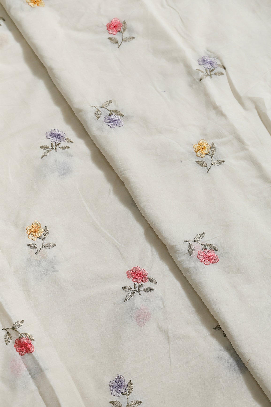 Multi Thread Beautiful Floral Leafy Embroidery Work On Off White Organic Cotton Fabric - doeraa