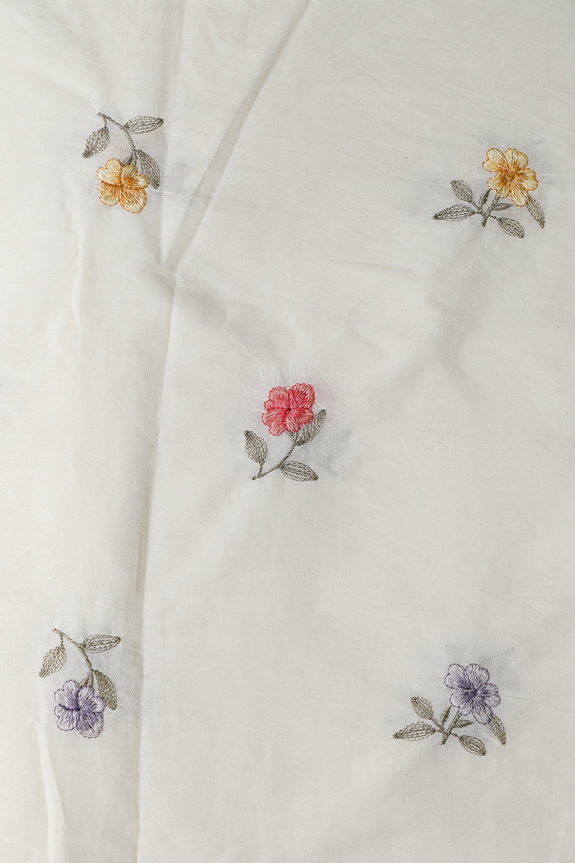 Multi Thread Beautiful Floral Leafy Embroidery Work On Off White Organic Cotton Fabric - doeraa