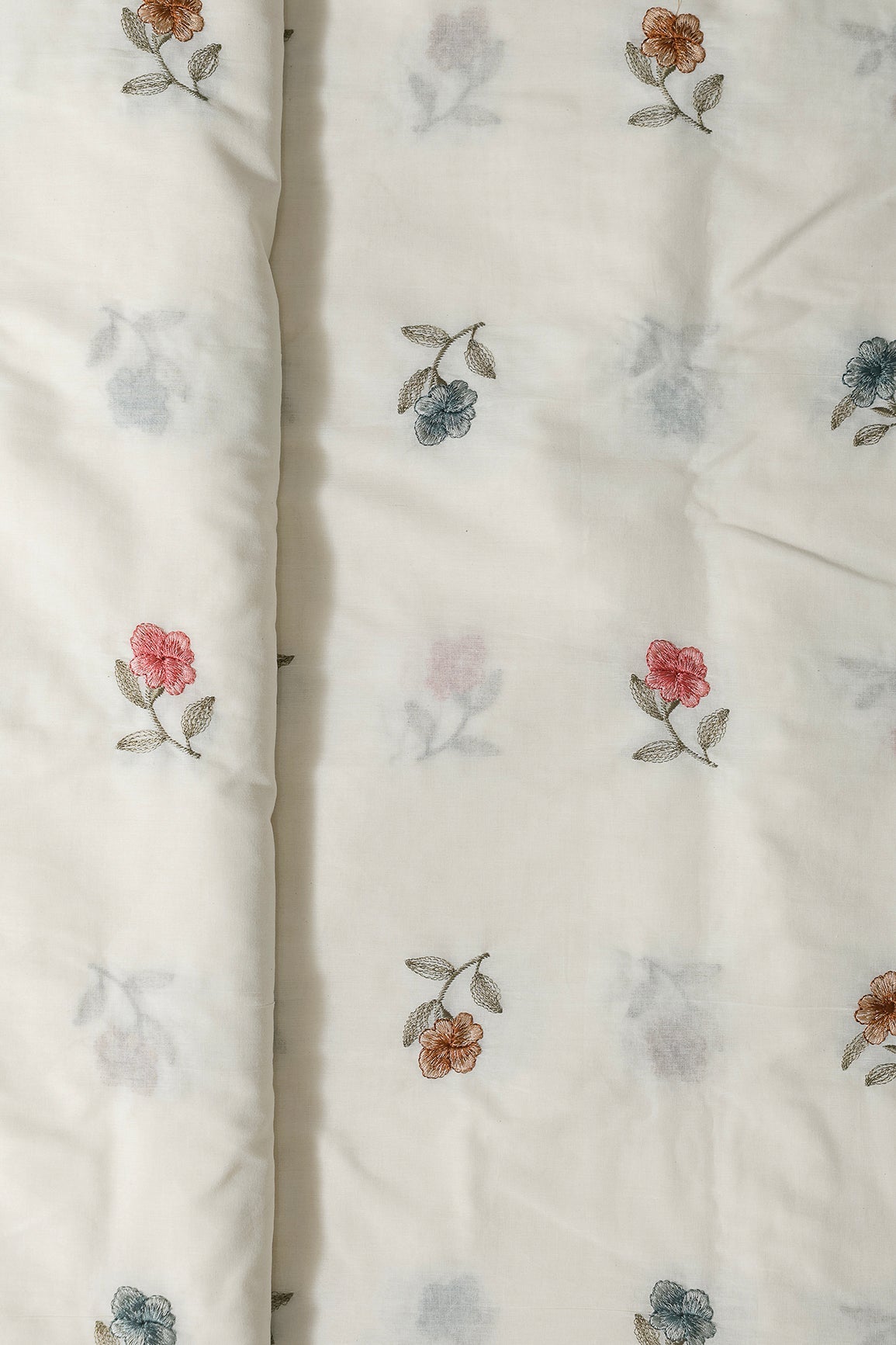 Multi Thread Beautiful Floral Leafy Embroidery Work On Off White Organic Cotton Fabric - doeraa
