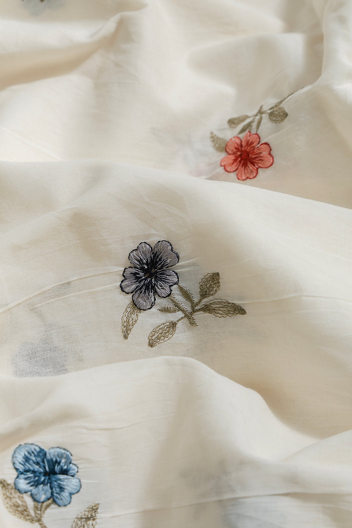 Multi Thread Beautiful Floral Leafy Embroidery Work On Off White Organic Cotton Fabric - doeraa