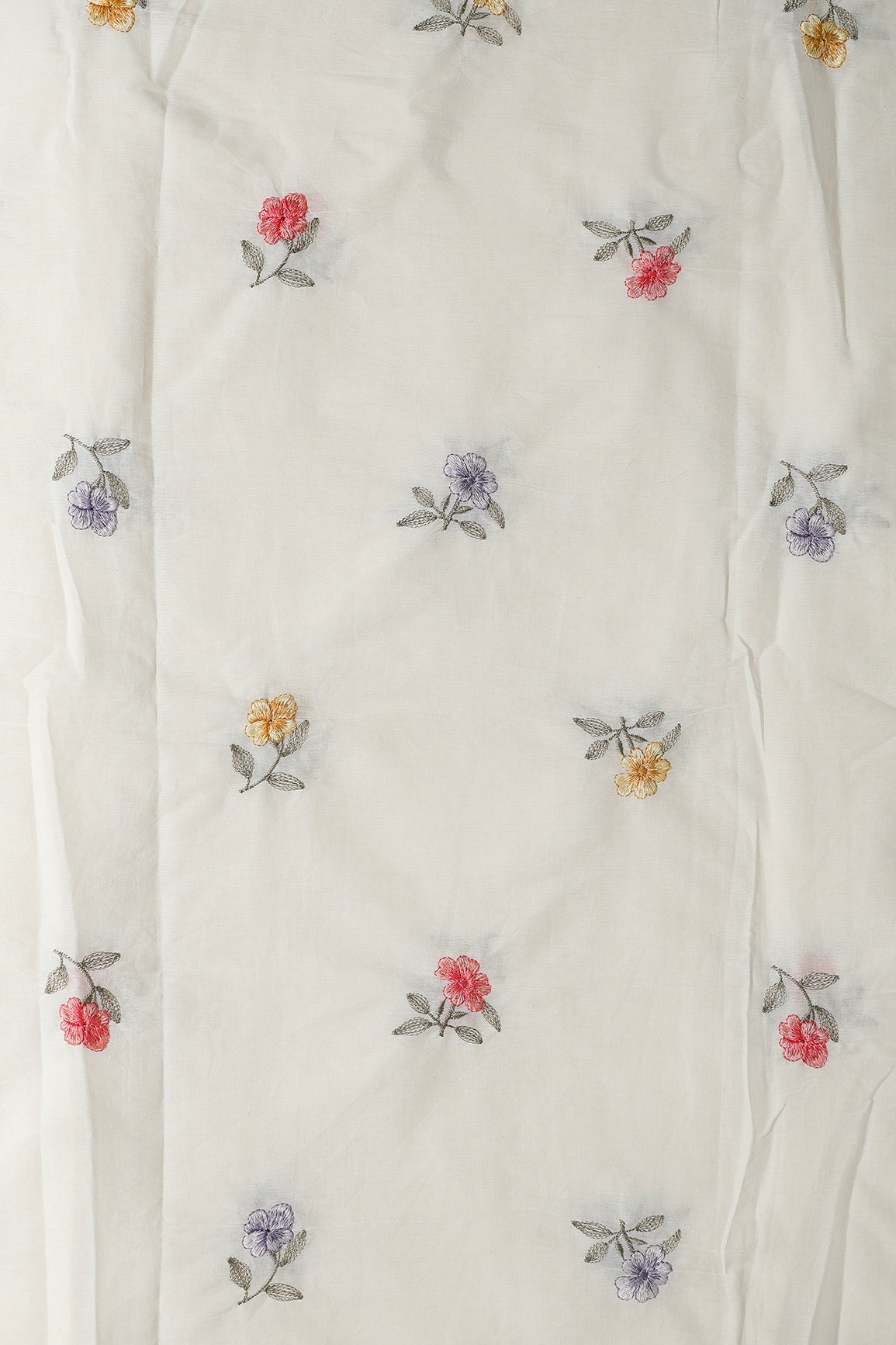 Multi Thread Beautiful Floral Leafy Embroidery Work On Off White Organic Cotton Fabric - doeraa