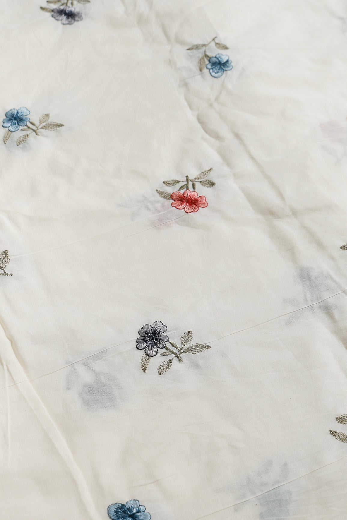Multi Thread Beautiful Floral Leafy Embroidery Work On Off White Organic Cotton Fabric - doeraa
