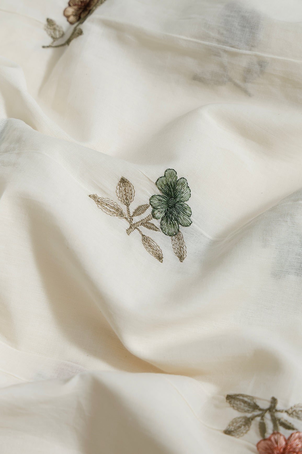 Multi Thread Beautiful Floral Leafy Embroidery Work On Off White Organic Cotton Fabric - doeraa