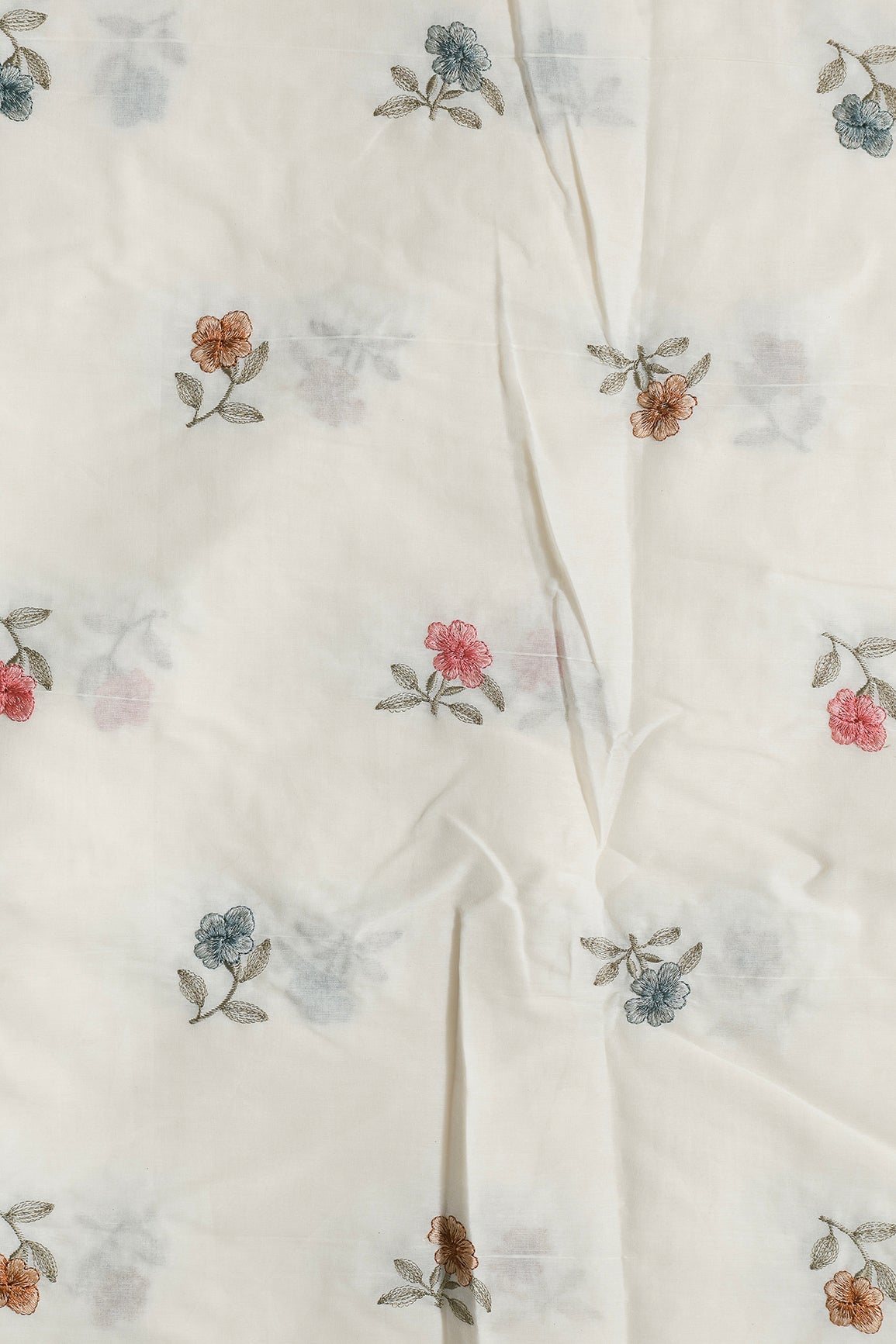 Multi Thread Beautiful Floral Leafy Embroidery Work On Off White Organic Cotton Fabric - doeraa