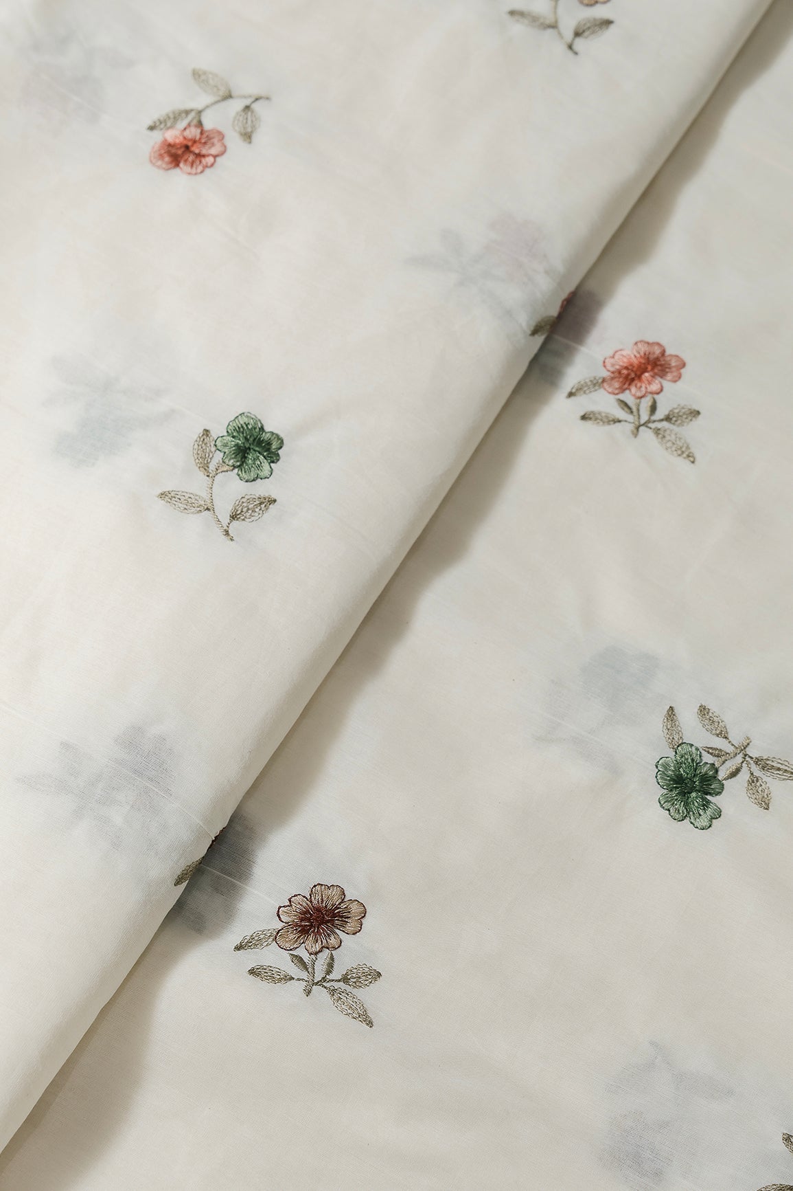Multi Thread Beautiful Floral Leafy Embroidery Work On Off White Organic Cotton Fabric - doeraa
