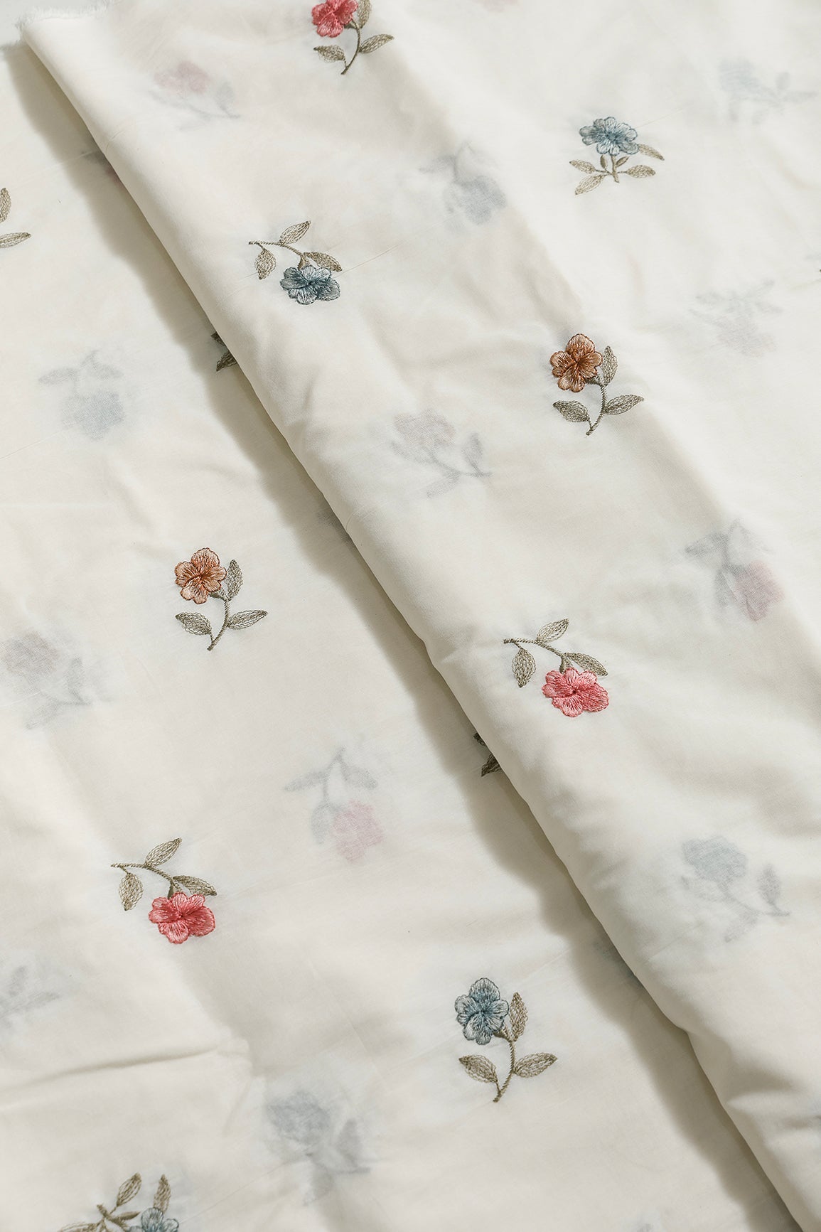 Multi Thread Beautiful Floral Leafy Embroidery Work On Off White Organic Cotton Fabric - doeraa