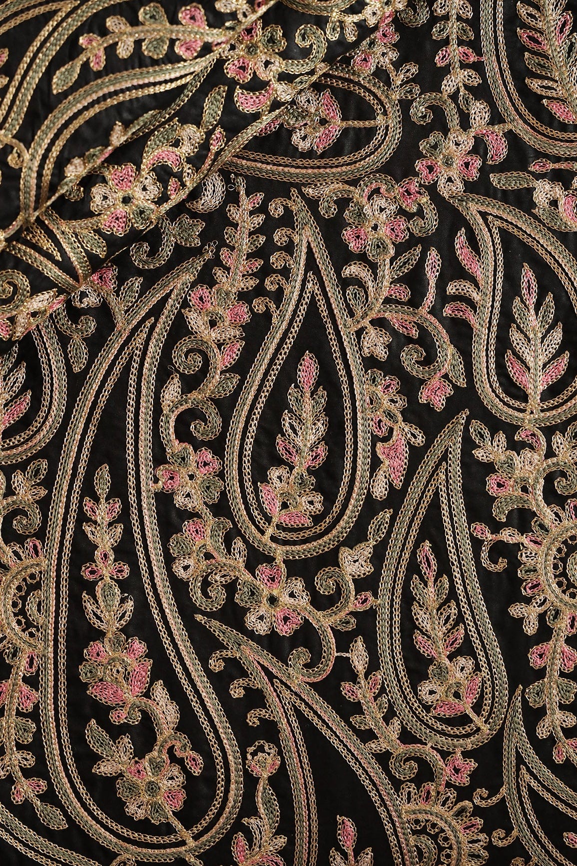 Multi Thread Beautiful Heavy Paisley Kashmiri Embroidery Work On Black Cotton Fabric - doeraa