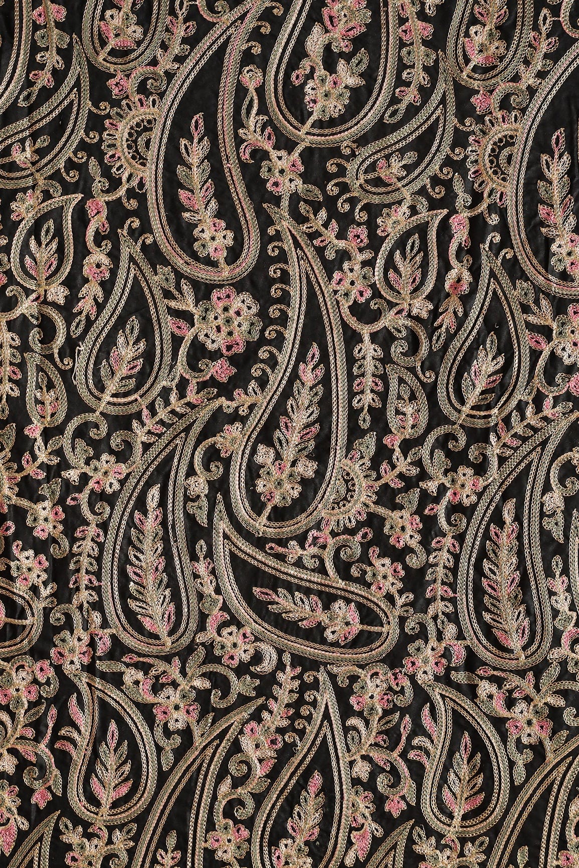 Multi Thread Beautiful Heavy Paisley Kashmiri Embroidery Work On Black Cotton Fabric - doeraa
