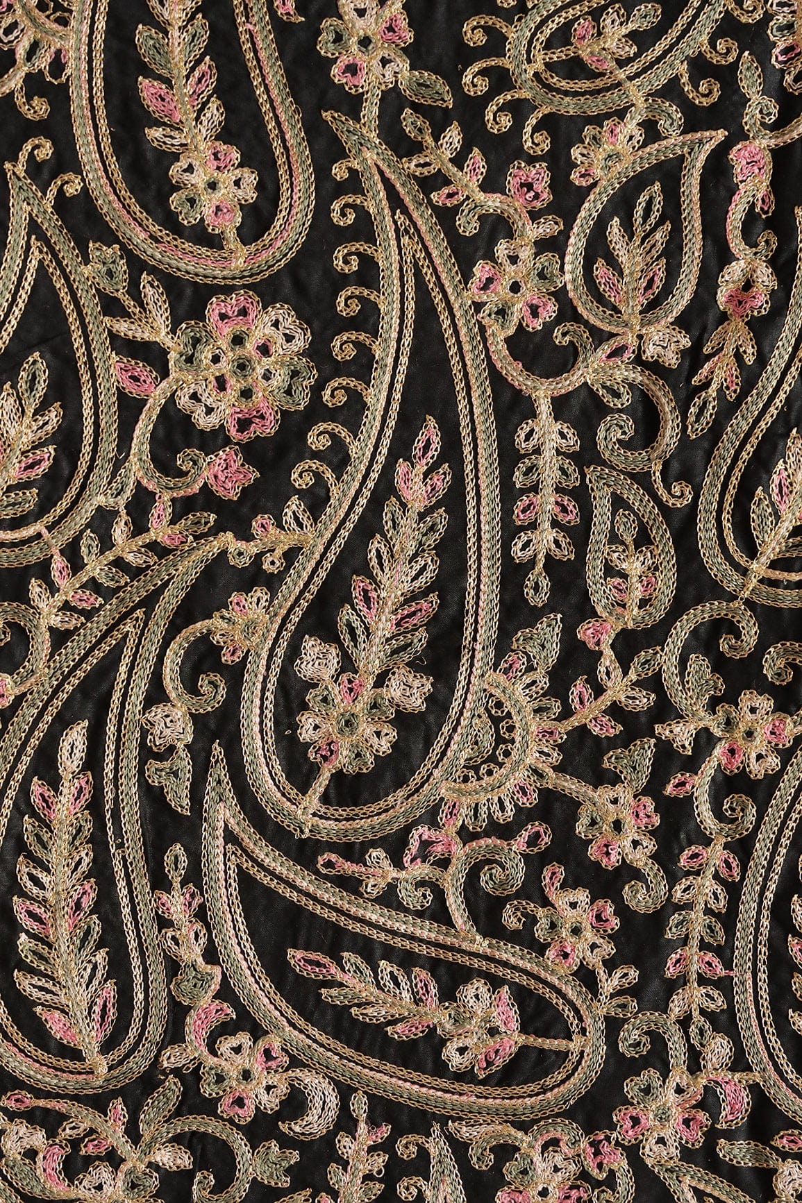 Multi Thread Beautiful Heavy Paisley Kashmiri Embroidery Work On Black Cotton Fabric - doeraa