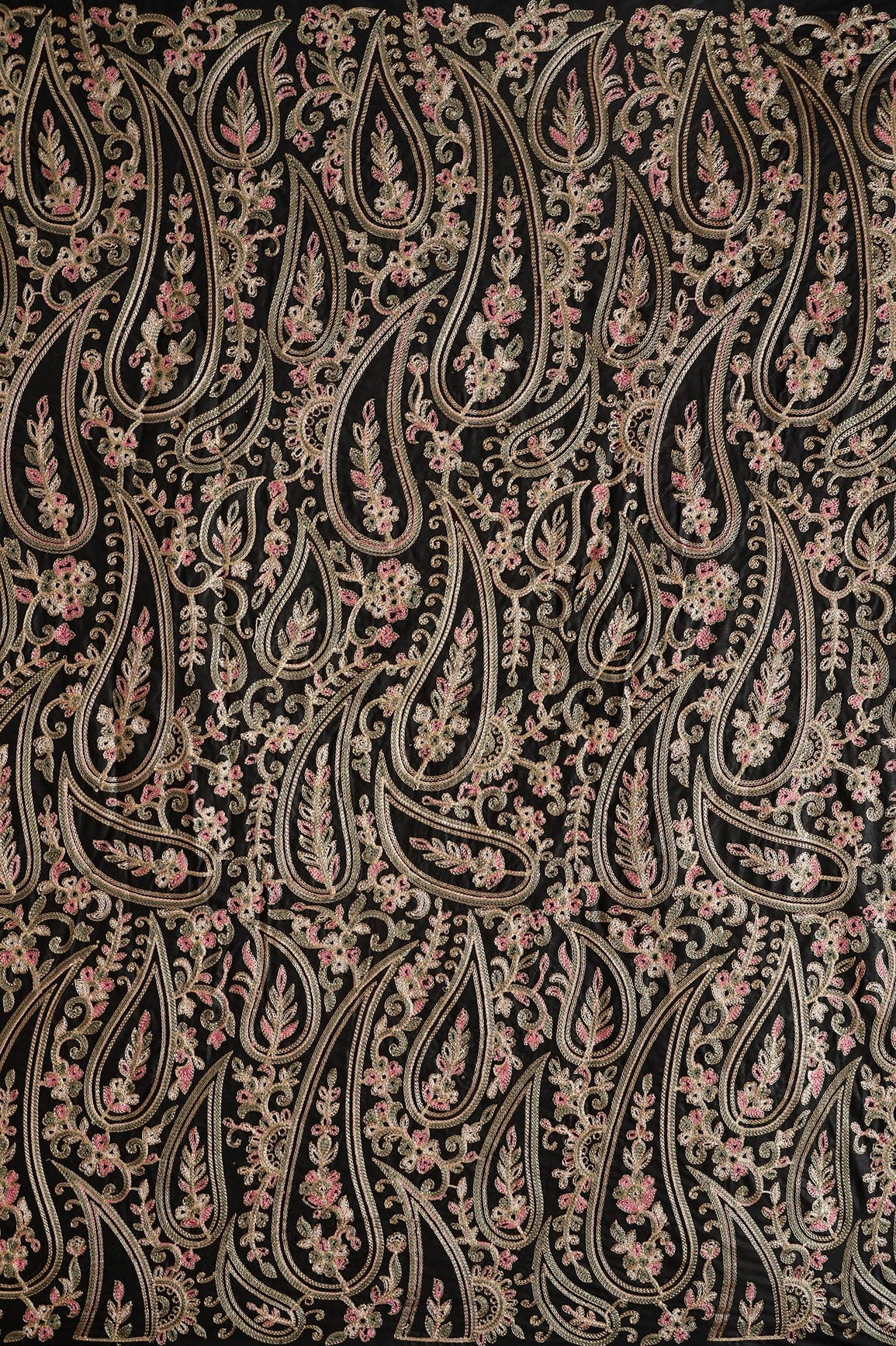 Multi Thread Beautiful Heavy Paisley Kashmiri Embroidery Work On Black Cotton Fabric - doeraa