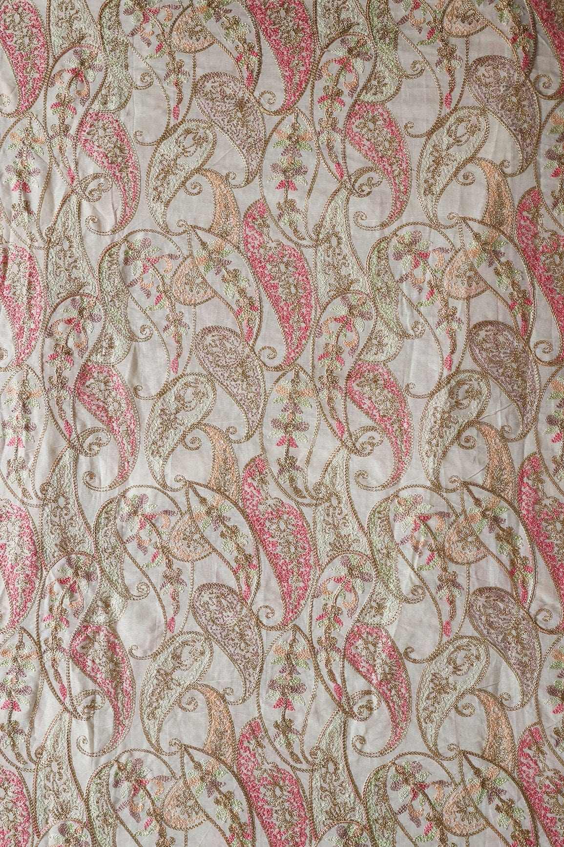 Multi Thread Beautiful Heavy Paisley Kashmiri Embroidery Work On Off White Organic Cotton Fabric - doeraa