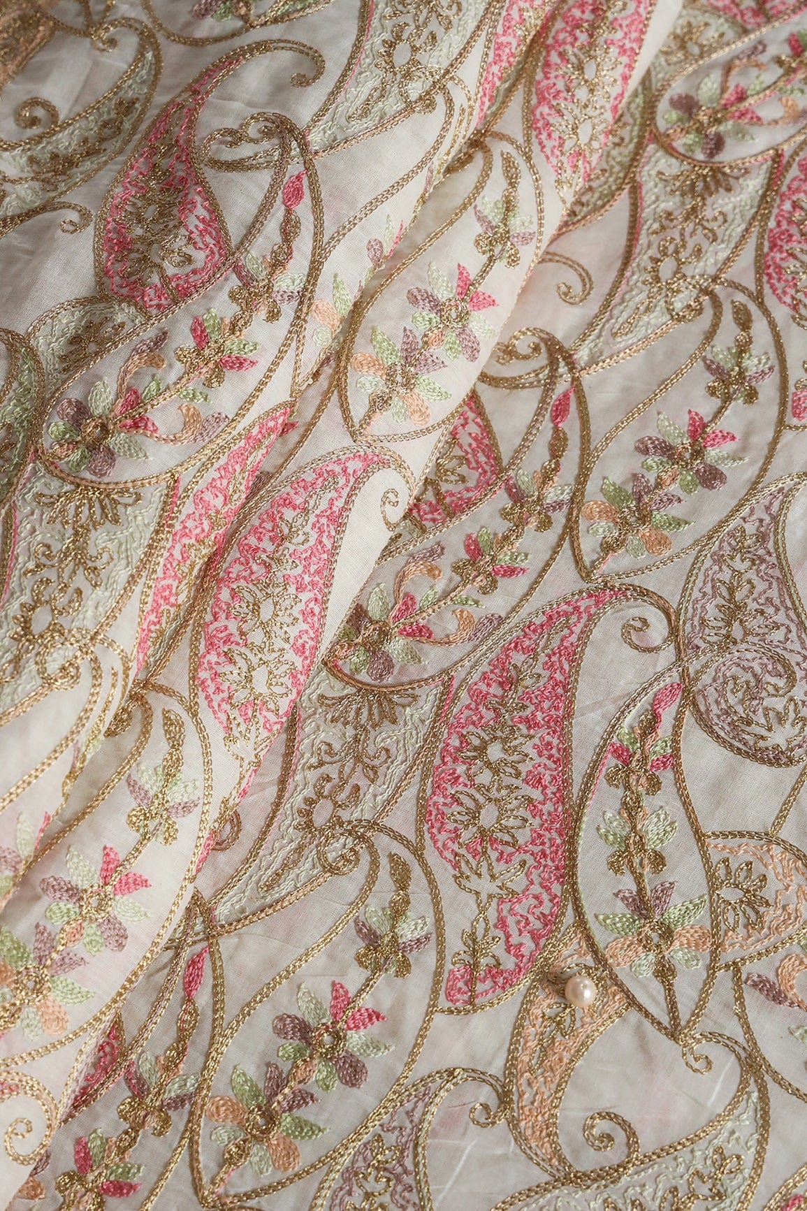 Multi Thread Beautiful Heavy Paisley Kashmiri Embroidery Work On Off White Organic Cotton Fabric - doeraa