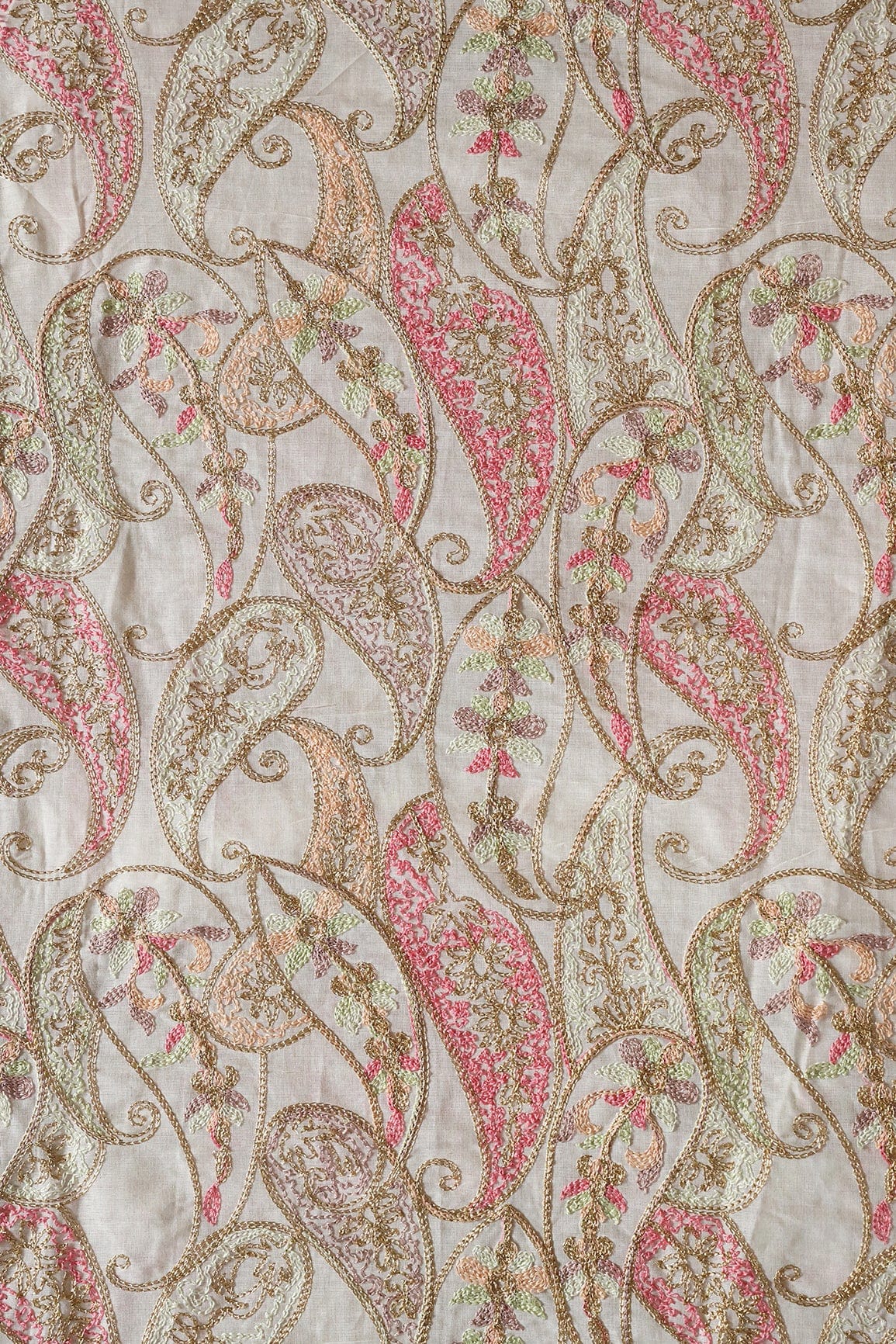 Multi Thread Beautiful Heavy Paisley Kashmiri Embroidery Work On Off White Organic Cotton Fabric - doeraa