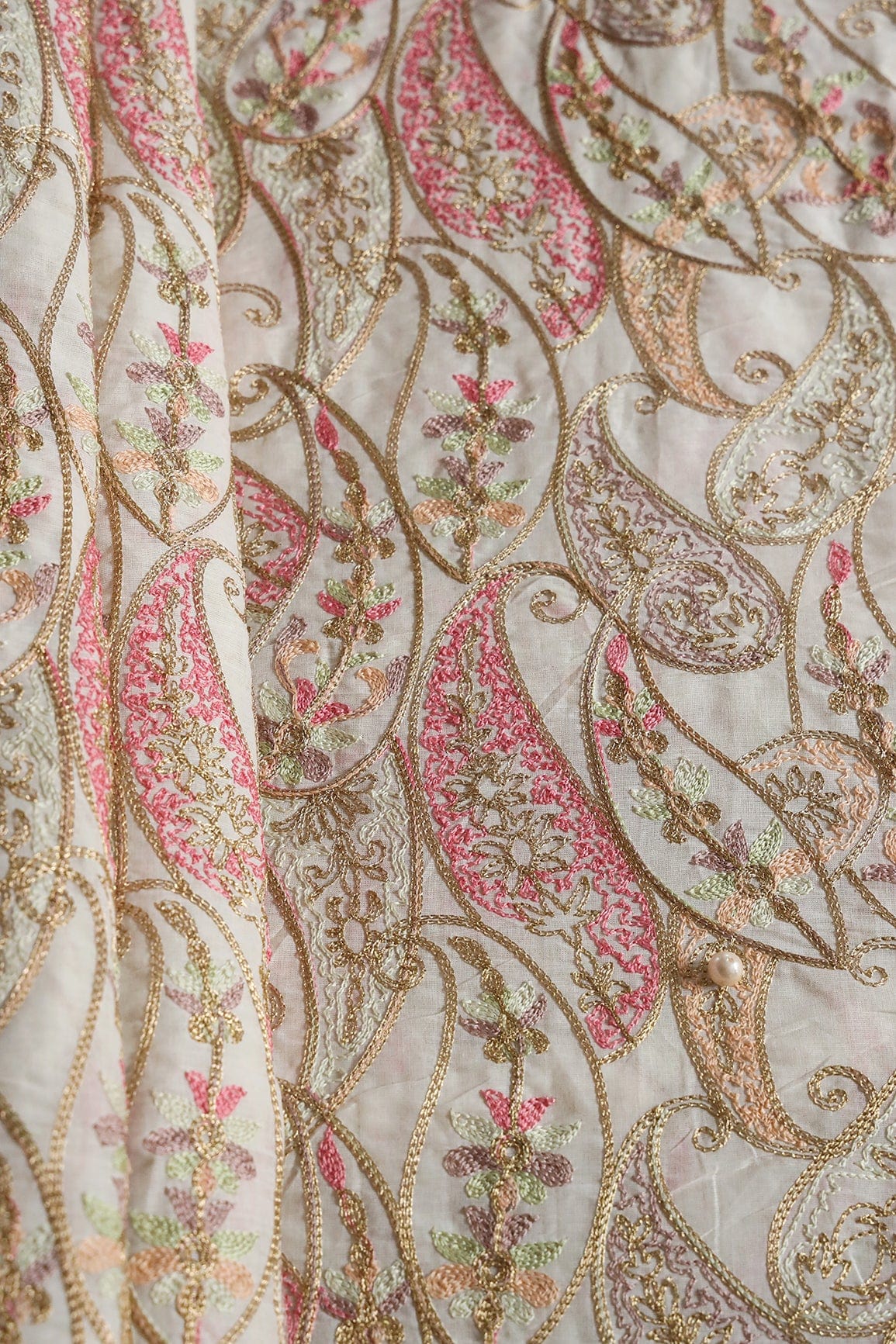 Multi Thread Beautiful Heavy Paisley Kashmiri Embroidery Work On Off White Organic Cotton Fabric - doeraa