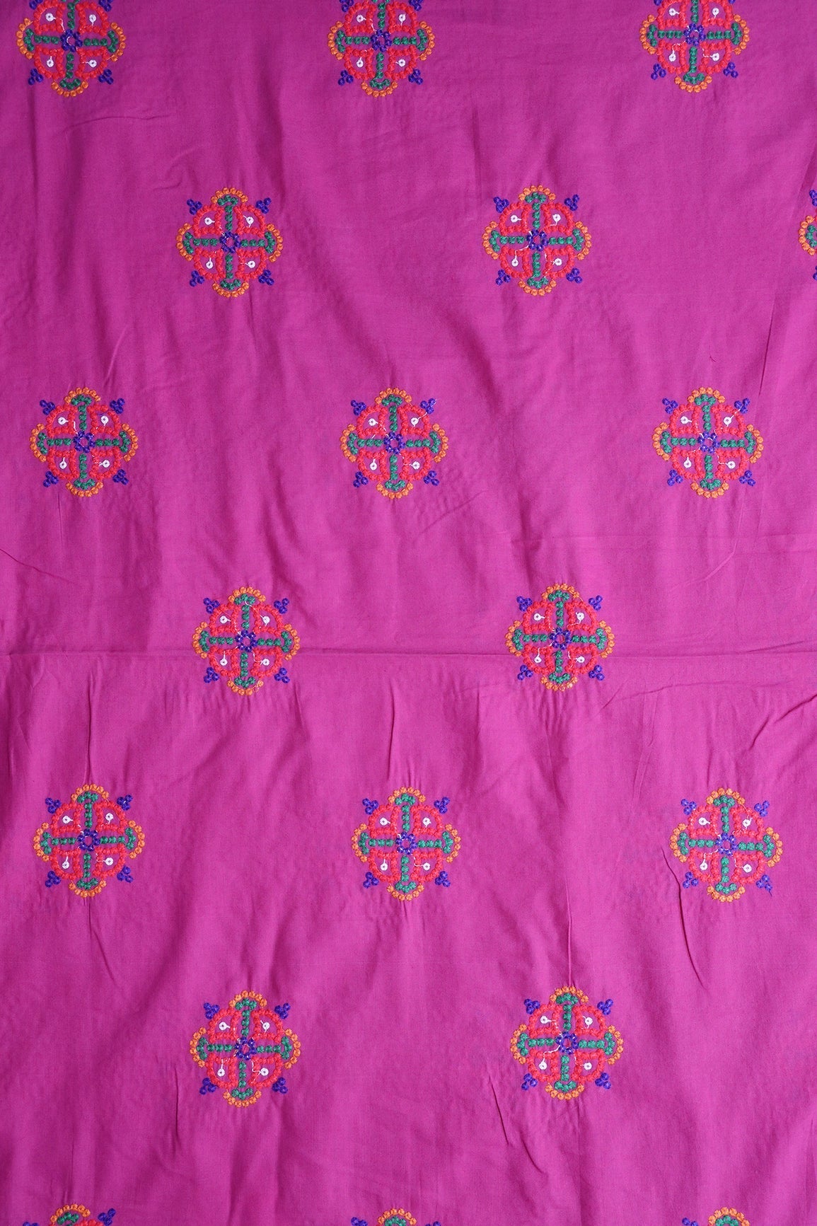 Multi Thread Floral Embroidery On Fuchsia Cotton Fabric - doeraa