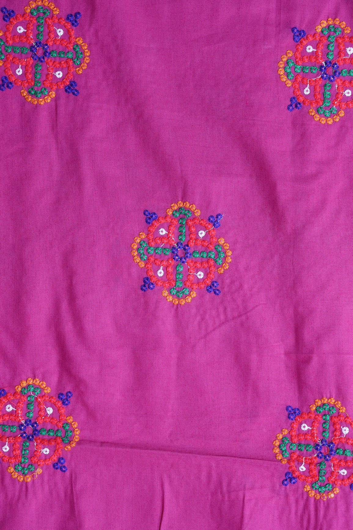 Multi Thread Floral Embroidery On Fuchsia Cotton Fabric - doeraa