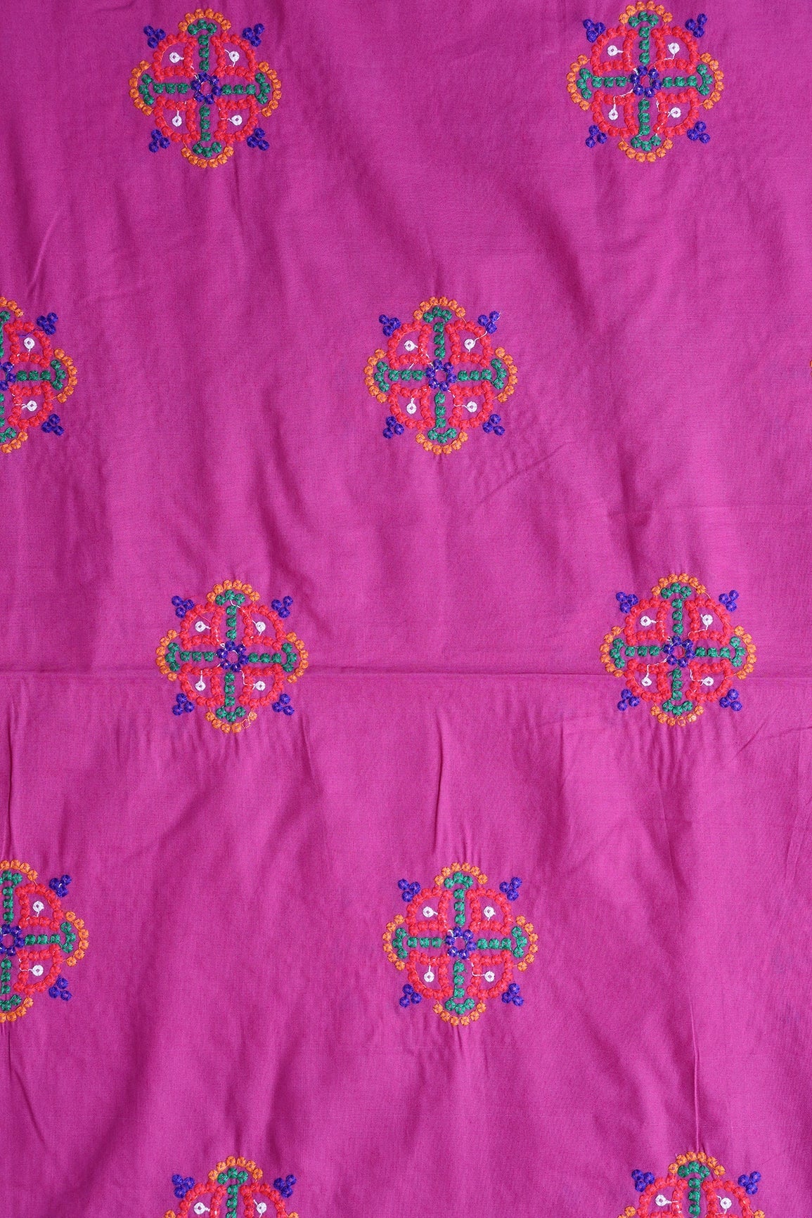Multi Thread Floral Embroidery On Fuchsia Cotton Fabric - doeraa