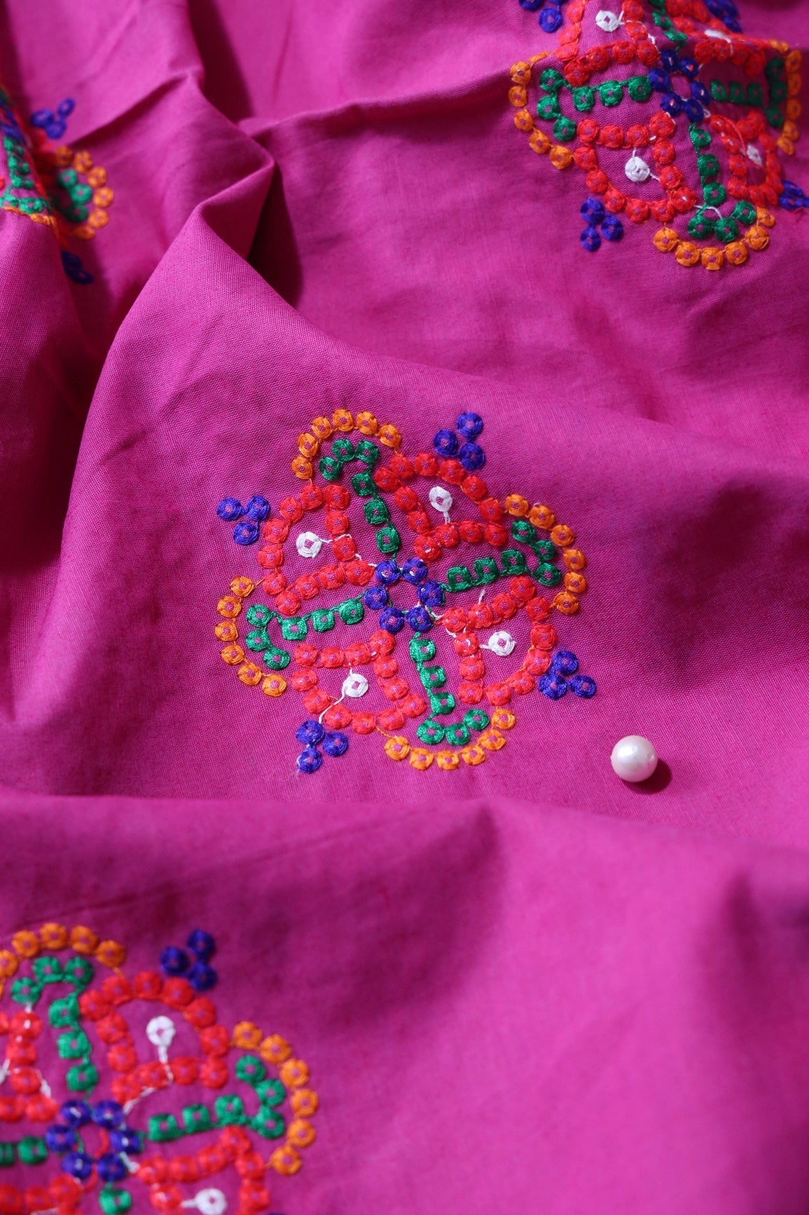 Multi Thread Floral Embroidery On Fuchsia Cotton Fabric - doeraa