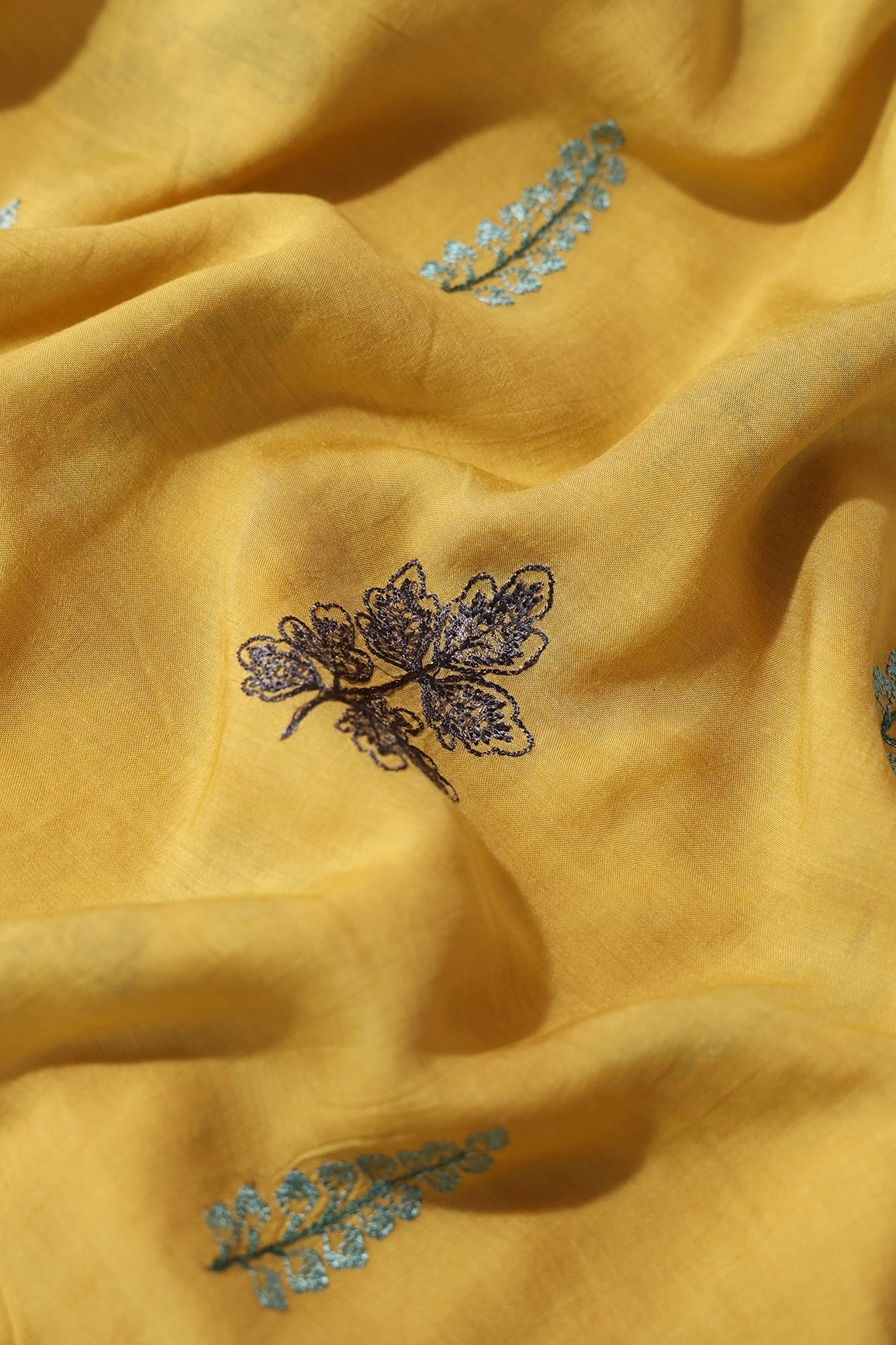 Blue-Red Flowers on Mustard Embroidered Silk main image 1