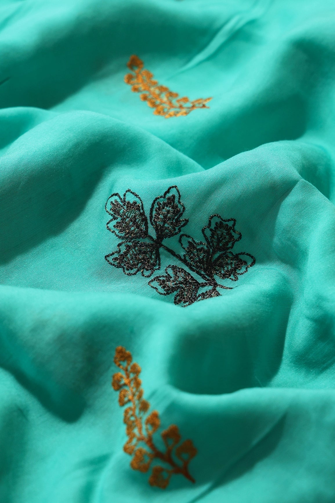 Multi Thread Floral Embroidery On Turquoise Muslin Silk Fabric - doeraa