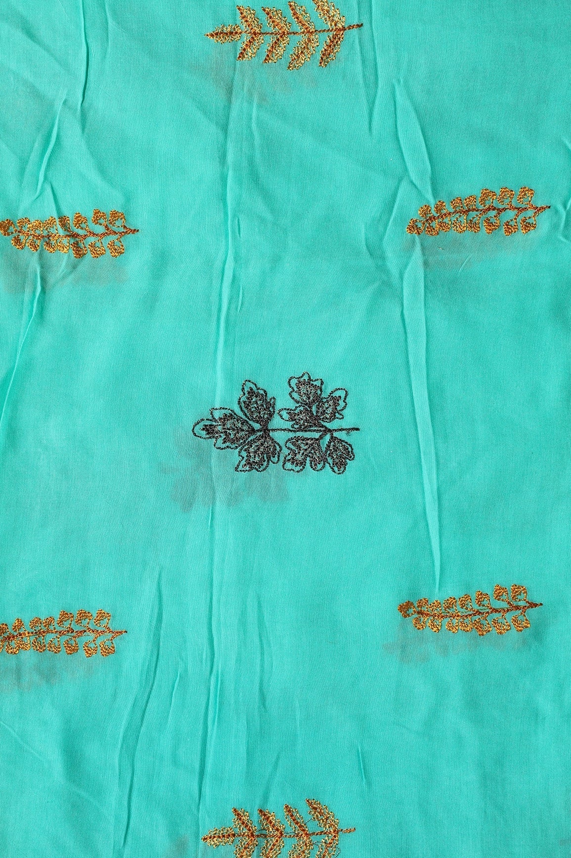 Multi Thread Floral Embroidery On Turquoise Muslin Silk Fabric - doeraa
