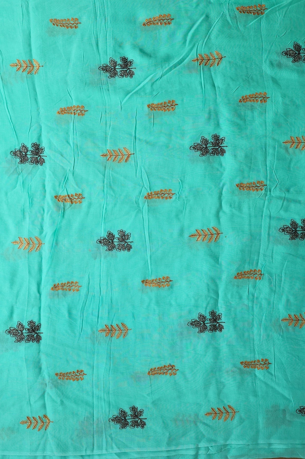 Multi Thread Floral Embroidery On Turquoise Muslin Silk Fabric - doeraa