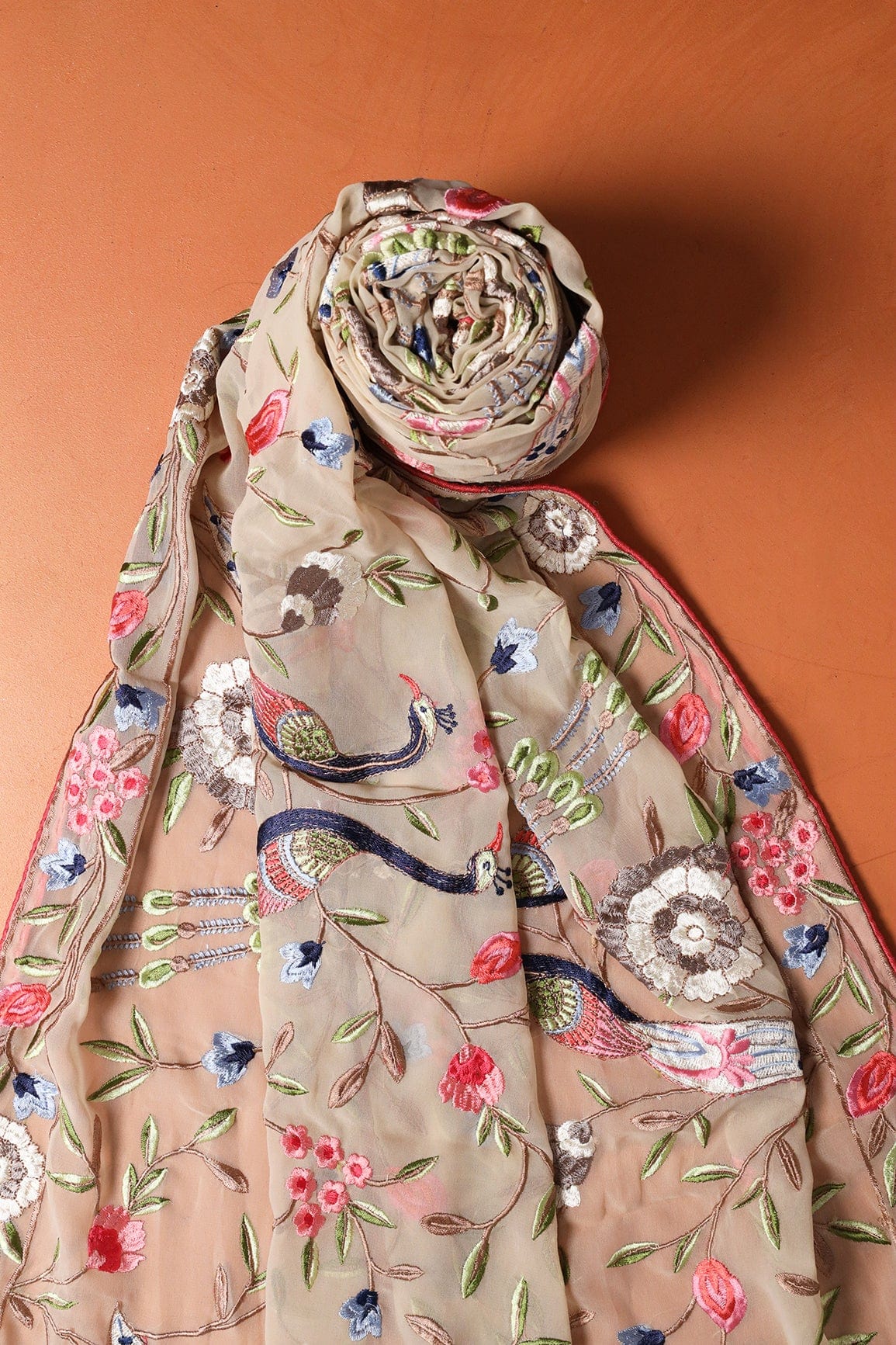Multi Thread Floral Heavy Embroidery Work On Light Beige Georgette Dupatta With Border - doeraa