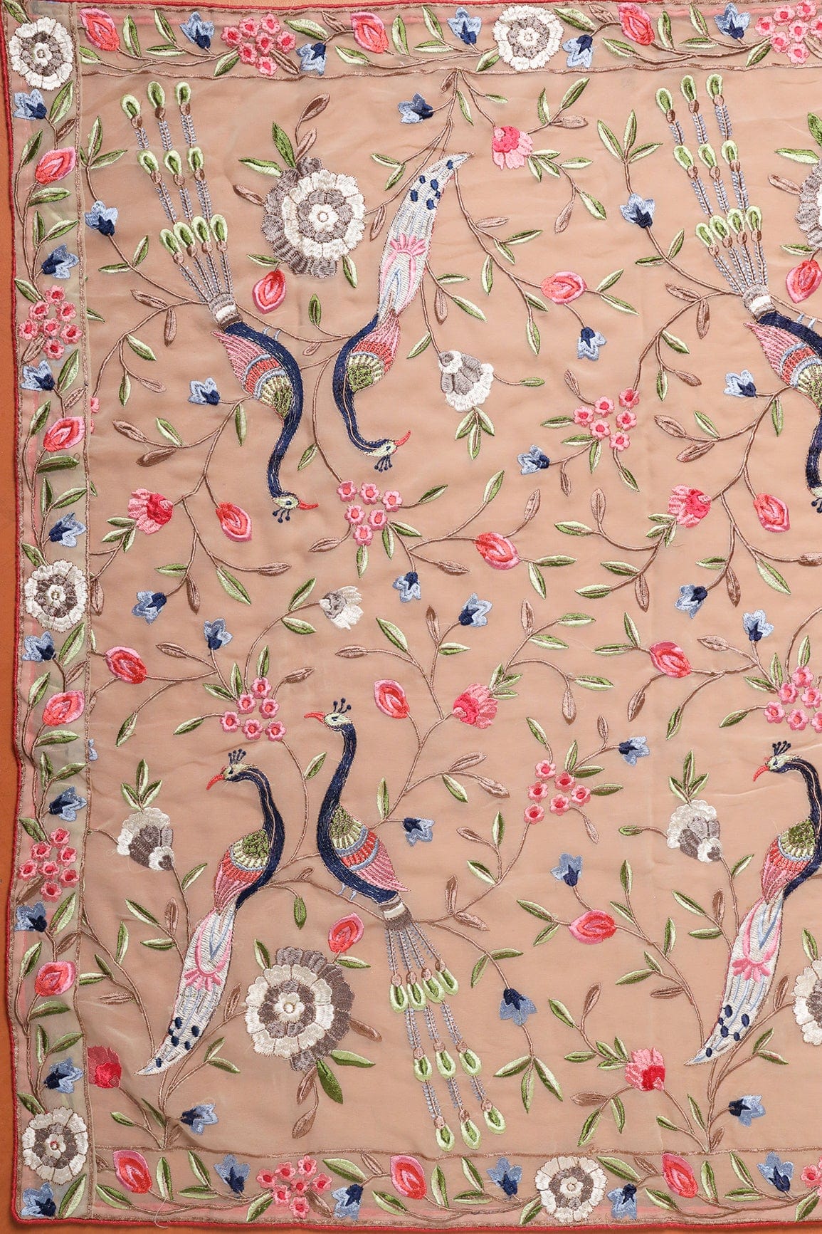 Multi Thread Floral Heavy Embroidery Work On Light Beige Georgette Dupatta With Border - doeraa